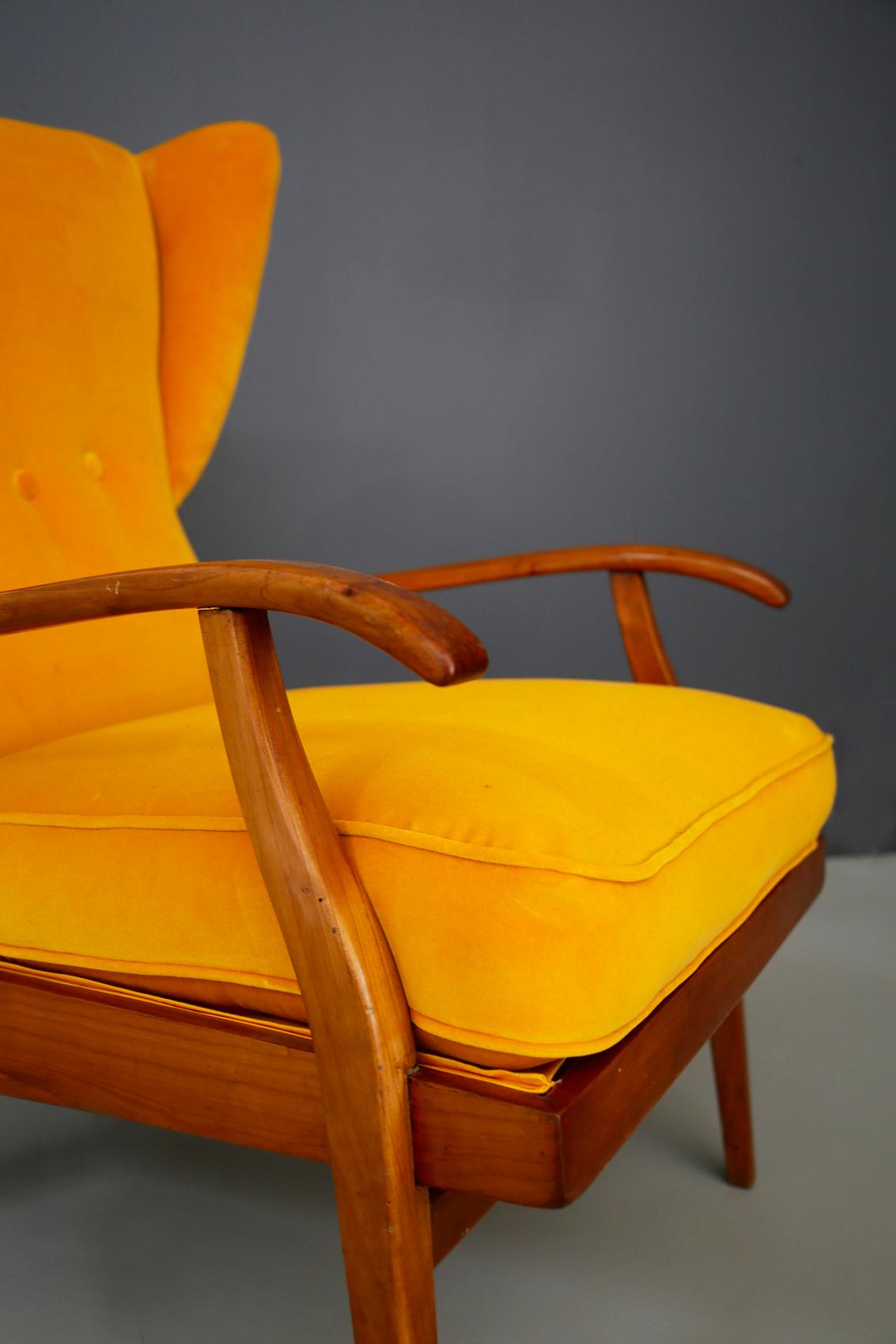 Mid-Century Modern Pair of Midcentury Yellow Velvet and Cherry Wood Italian 