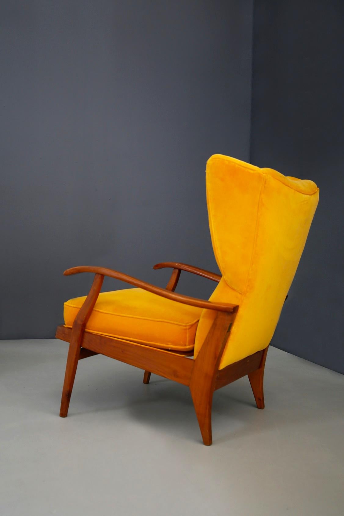 Mid-20th Century Pair of Midcentury Yellow Velvet and Cherry Wood Italian 