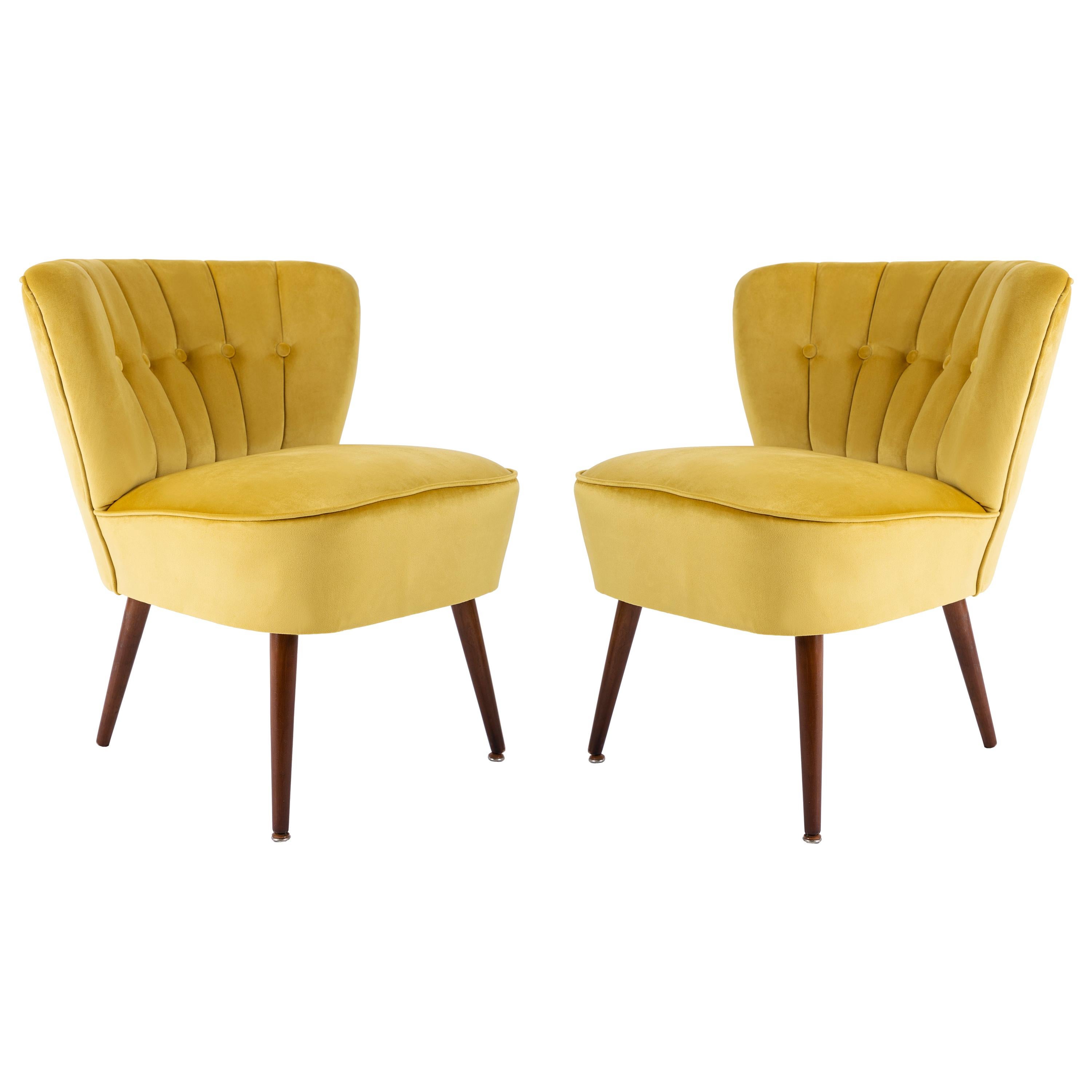 Pareja de sillones Club de terciopelo amarillo de mediados de siglo, Alemania, años 60