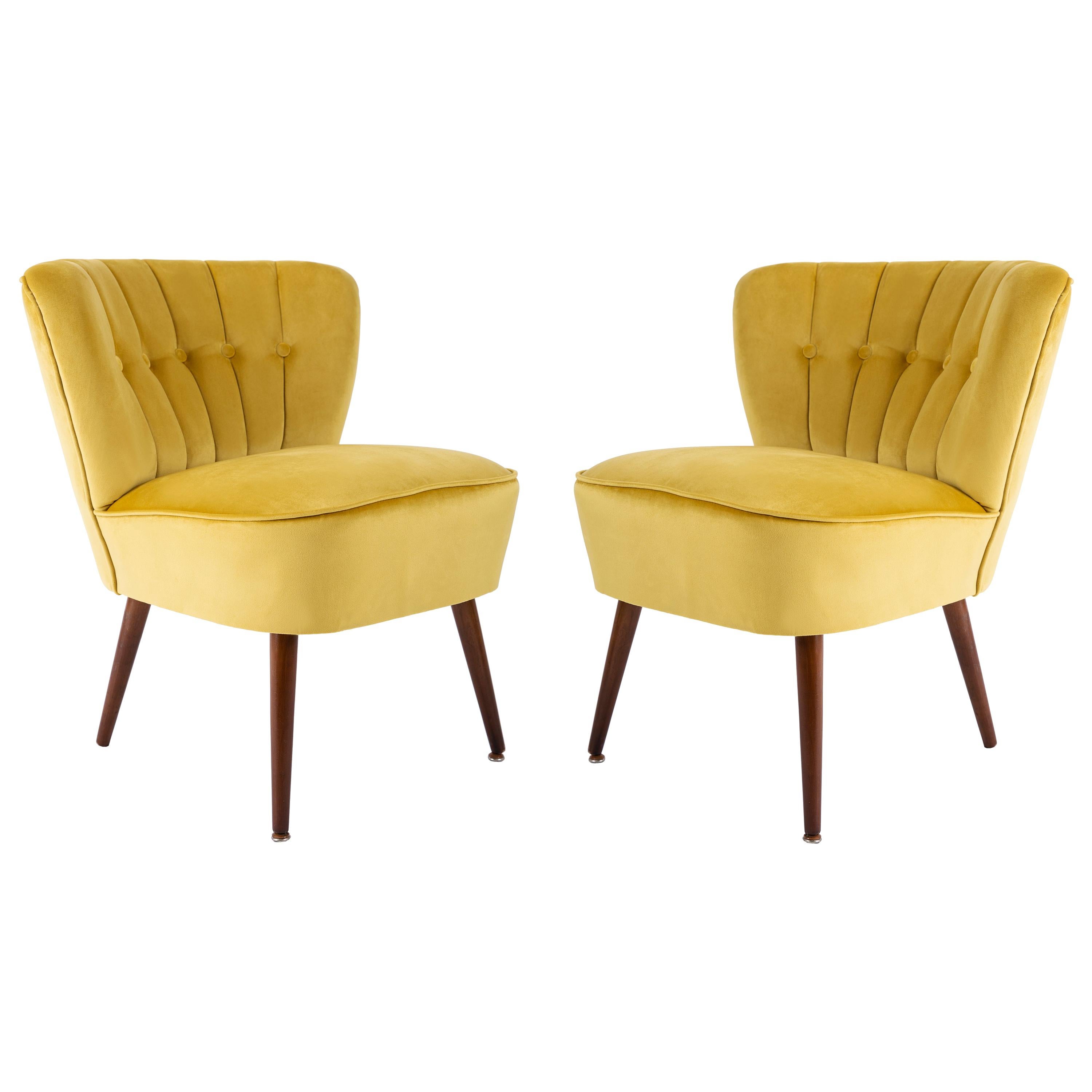 Pair of Midcentury Yellow Velvet Club Armchairs, Germany, 1960s