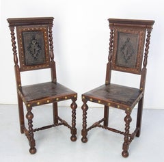 Pair of Middle East Chairs Oak & Leather with Studs 1920