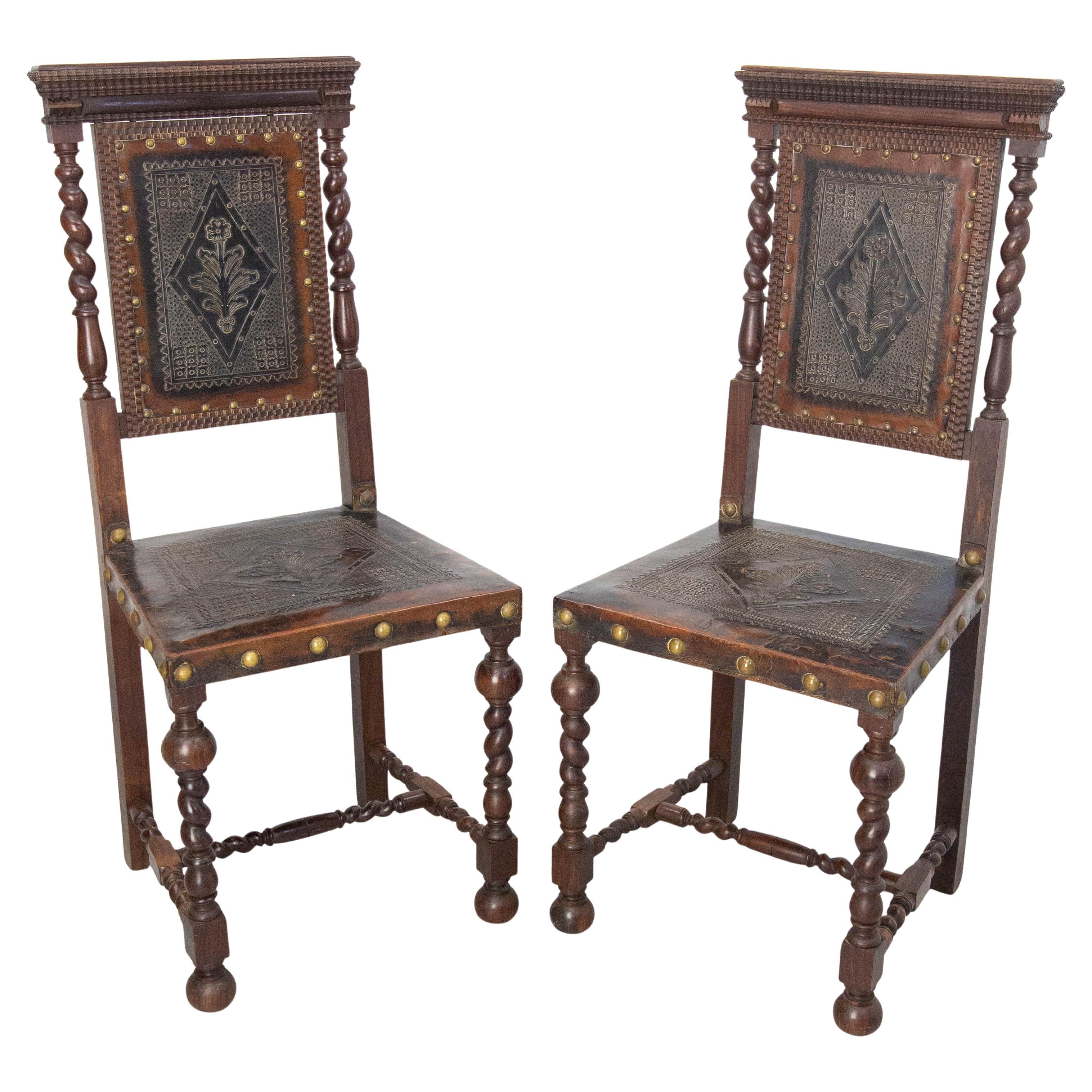 Pair of Middle East Chairs Oak 
Leather with Studs 1920 For Sale