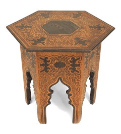 Pair of Middle Eastern Moorish Style Burnt Wood Hexagonal Taborets