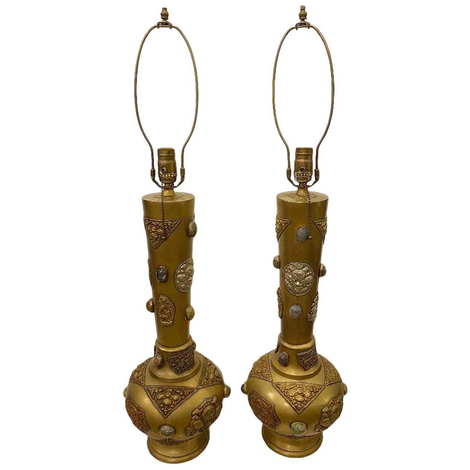 Pair of Middle-Eastern Style Lamps with Cabochon Stones For Sale