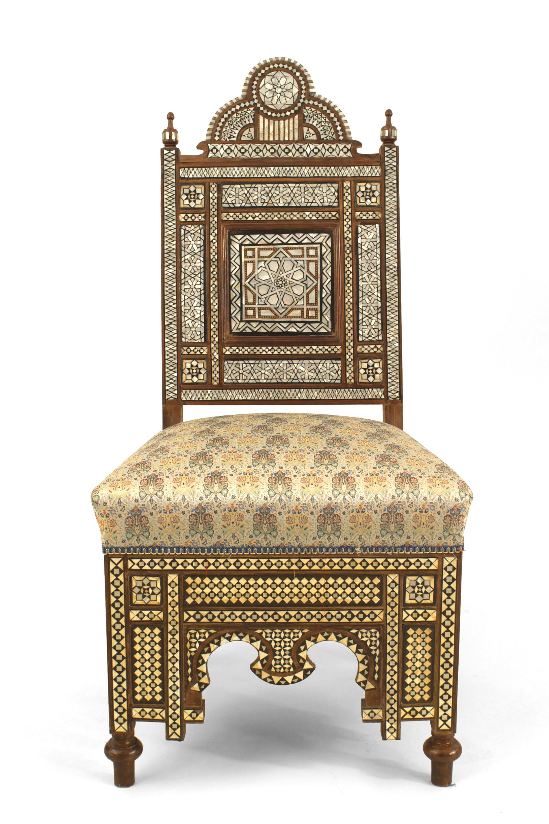 Pair of Middle Eastern Syrian (20th Cent) side chairs in walnut with inlaid mother of pearl and ebony with spindle & ball and finial details (matching 2 arms & settee 060219/CON62)
