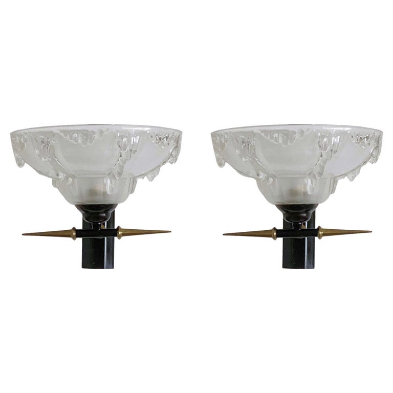 Pair of Midecentury Modern Art Glass Brass Wall Sconces by Ezan, France 1950s For Sale
