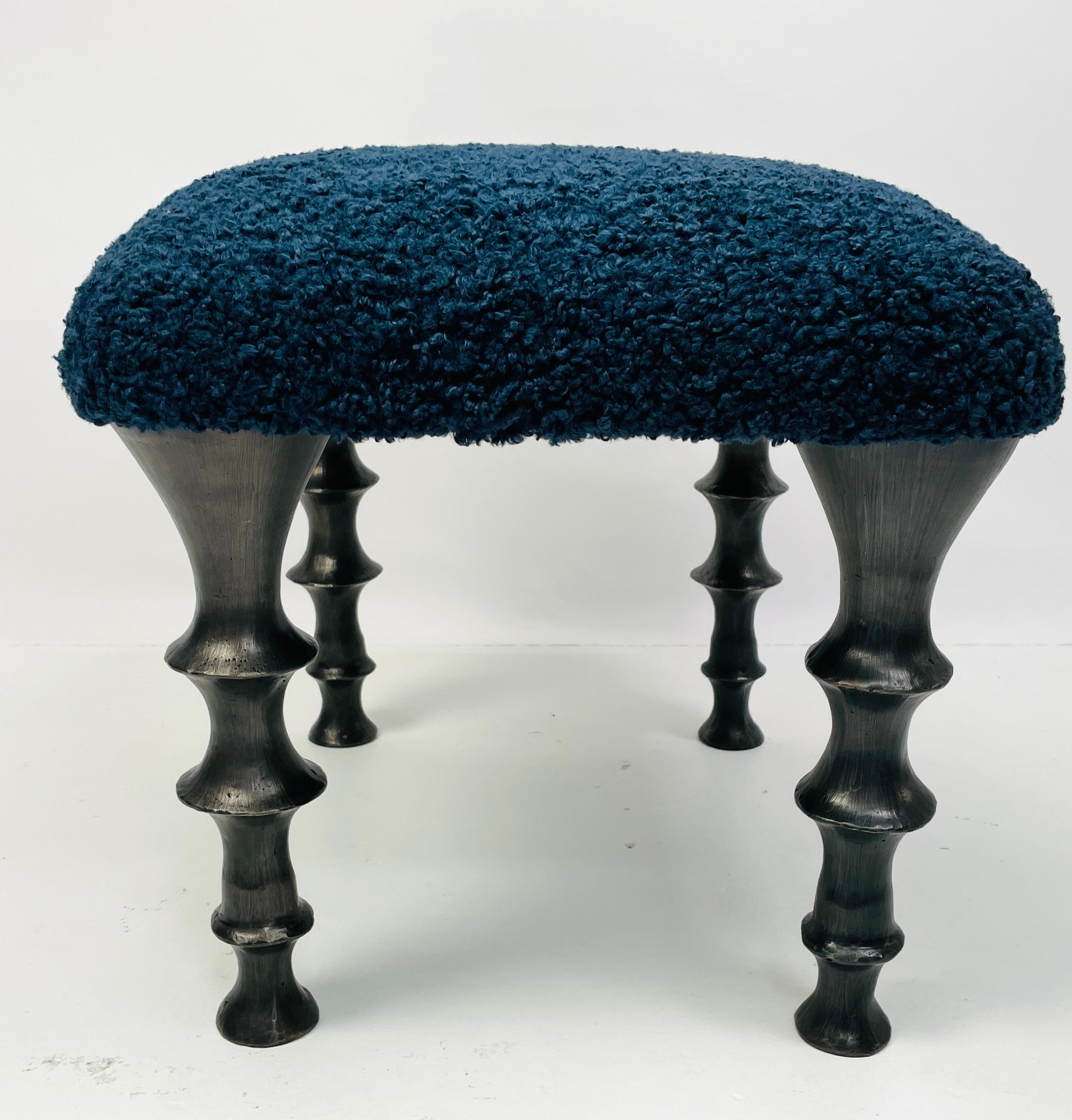 Organic Modern Pair of midnight blue bouclé St Paul stool For Sale