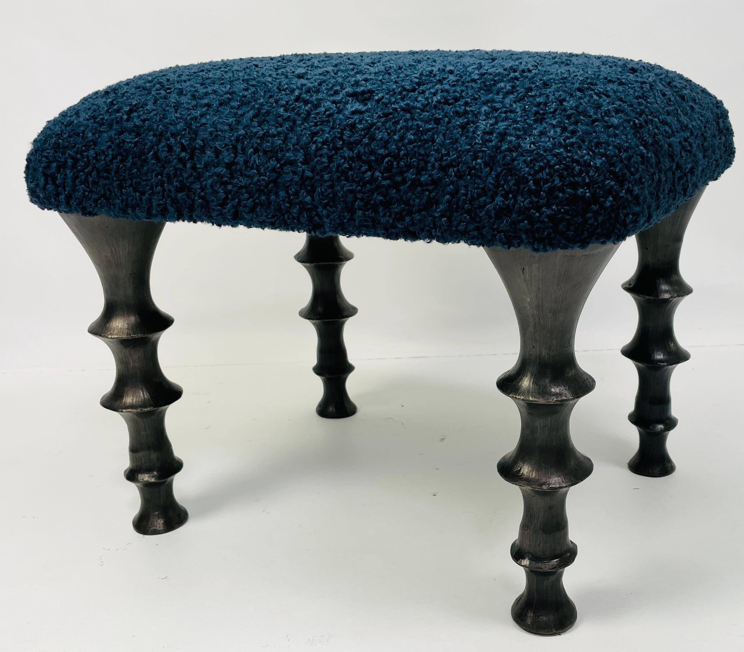 Pair of midnight blue bouclé St Paul stool In New Condition For Sale In Los Angeles, CA