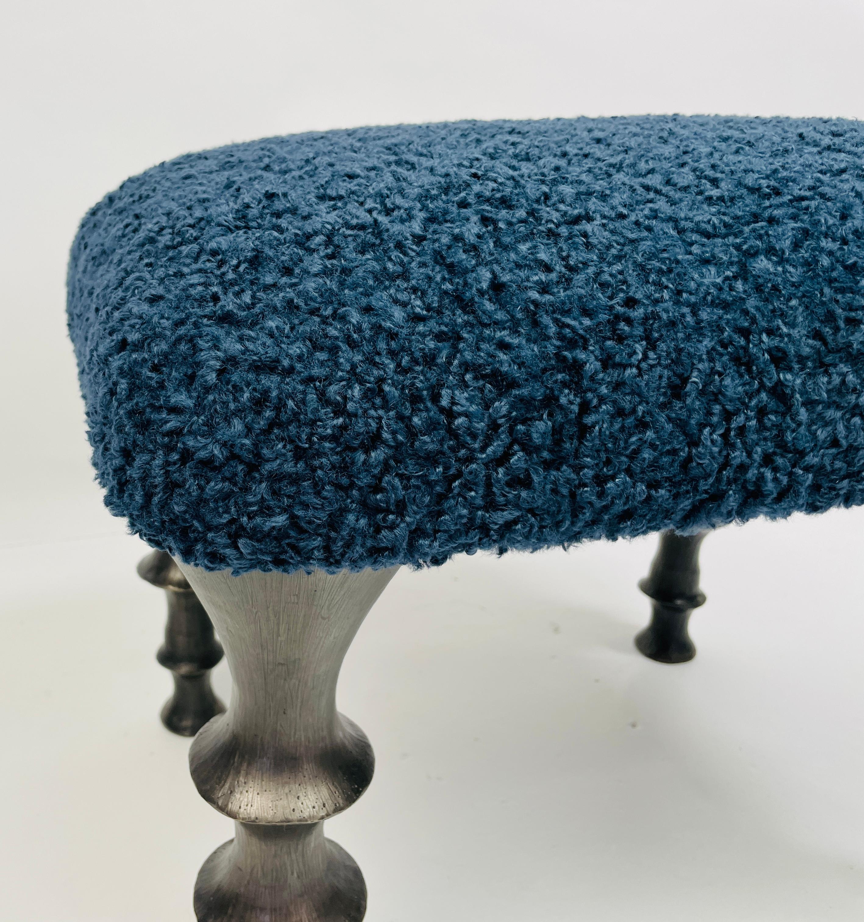 Pair of midnight blue bouclé St Paul stool In New Condition In Los Angeles, CA