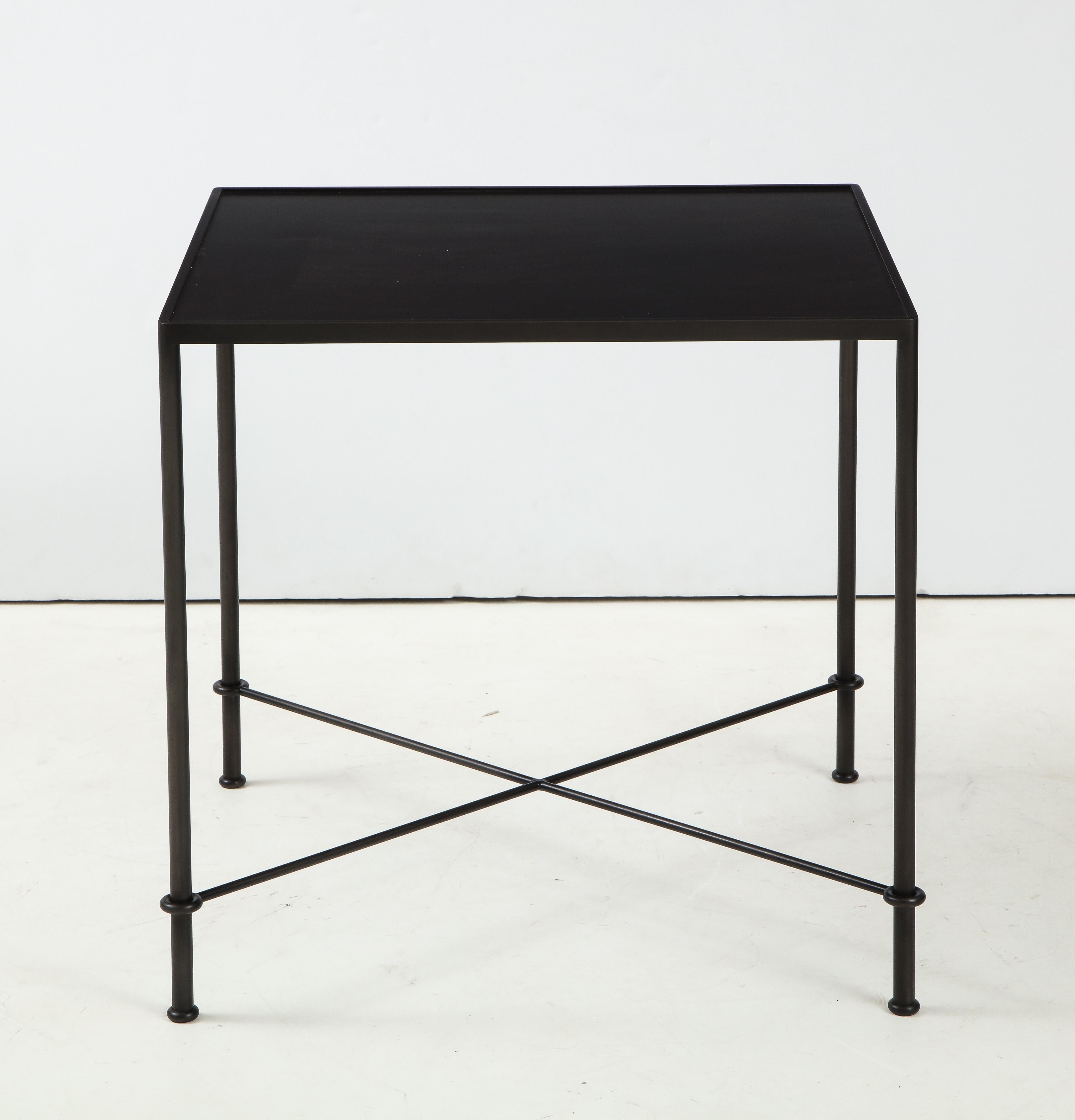 Modern Pair of ‘Mies’ Handmade Leather and Iron Tables by Lance Thompson, Made to Order For Sale