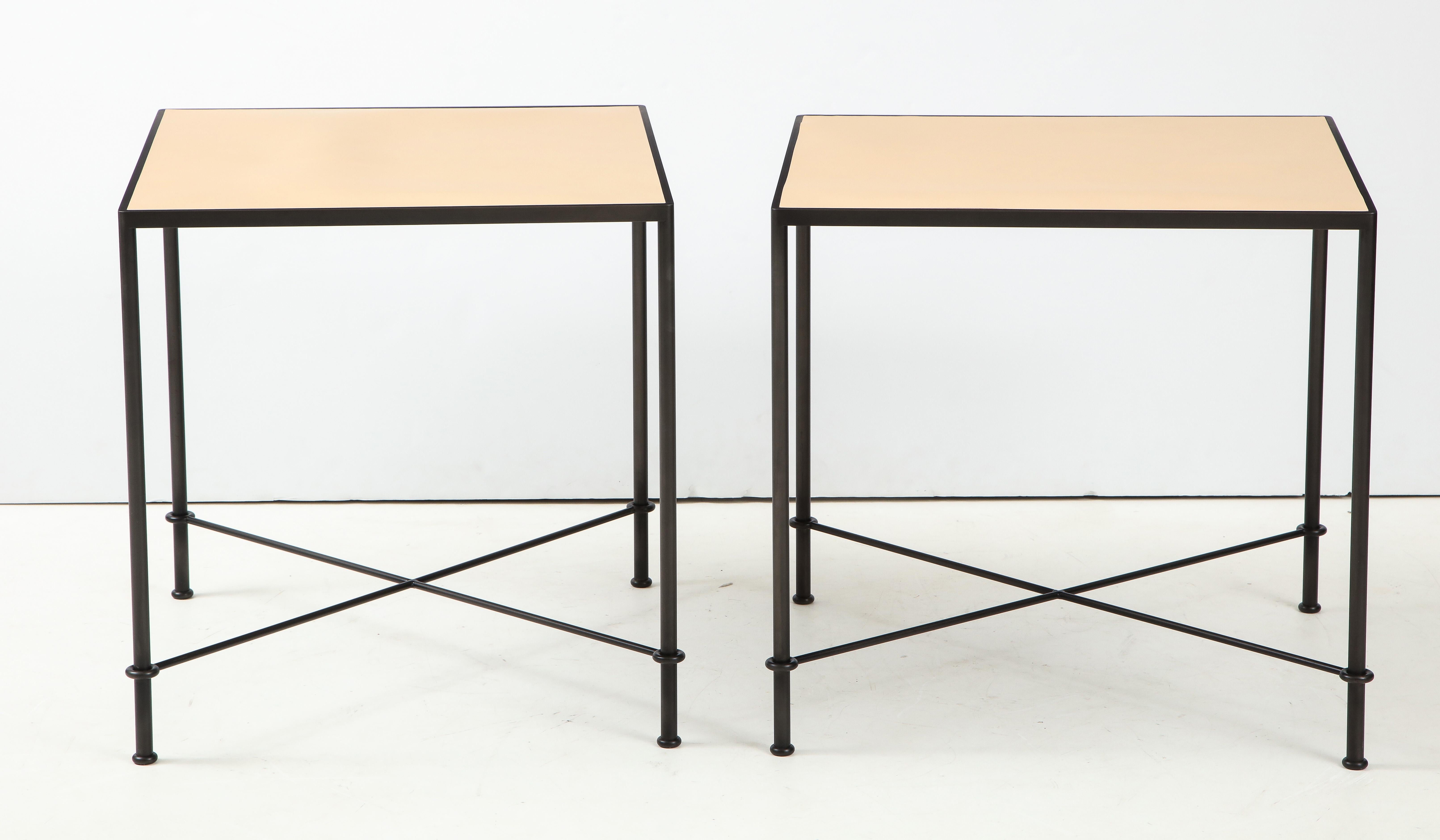 Contemporary Pair of ‘Mies’ Handmade Leather and Iron Tables by Lance Thompson, Made to Order For Sale