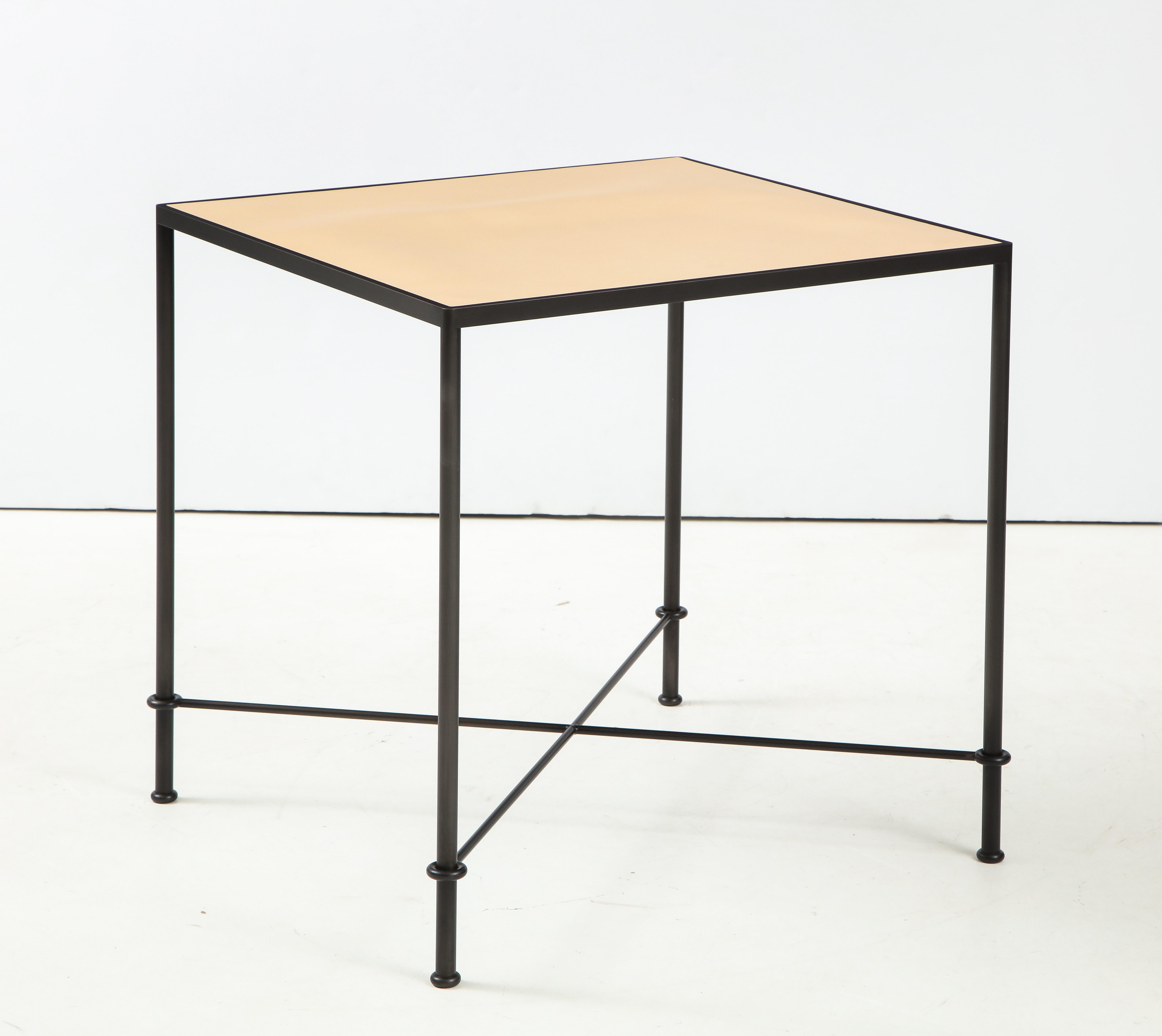 Steel Pair of ‘Mies’ Handmade Leather and Iron Tables by Lance Thompson, Made to Order For Sale