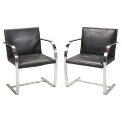 Pair of Mies van der Rohe Brno Flat Bar Black Leather Chairs c1960's Unrestored