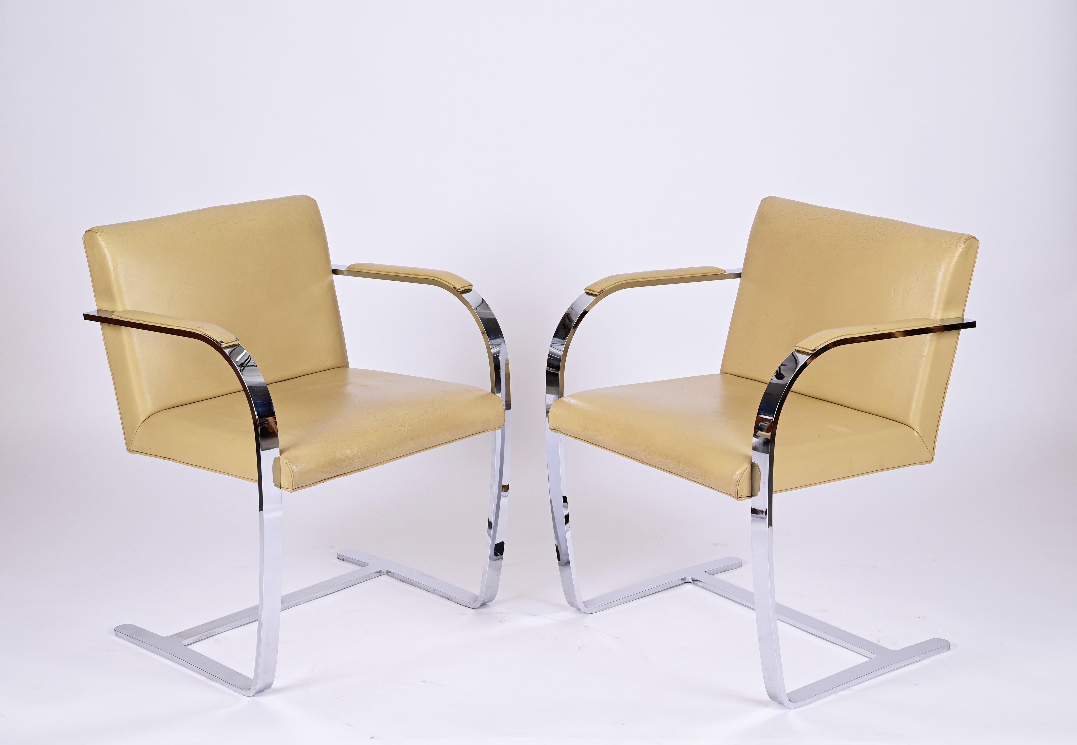 Acier inoxydable Paire de chaises en cuir Flat Bar 255 de Mies Van Der Rohe Brno du milieu du siècle dernier, 1970 en vente