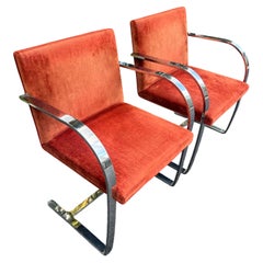 Pair of Mies Van Der Rohe Flat Bar Brno Chairs in Velvet