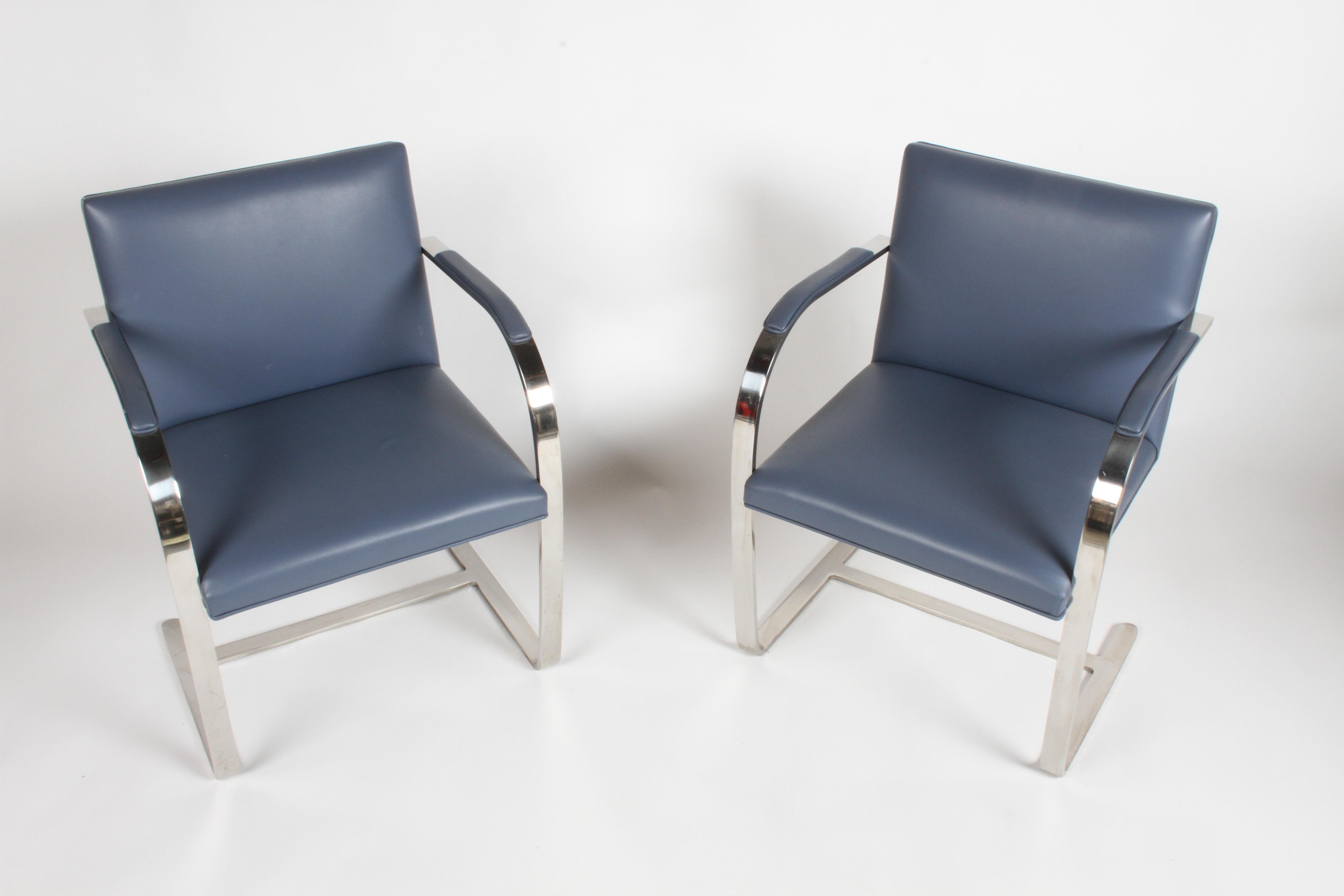 Pair of Mies van der Rohe flatbar Brno for Knoll in stainless steel with grey blue leather. In excellent condition marked with label. Only minor scuff to leather see photo. Production year 2000.

 (Also have three in black leather, the leather