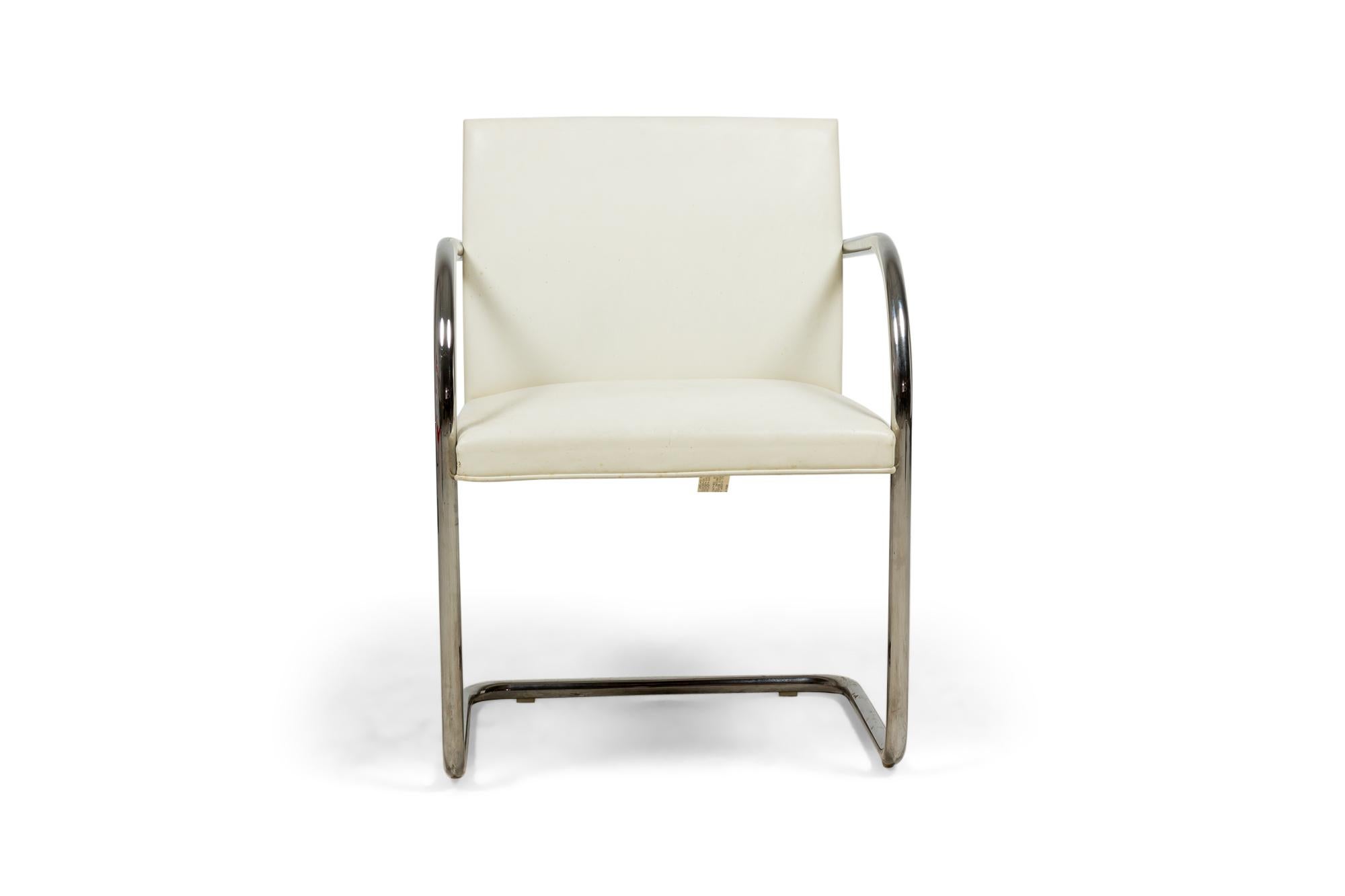 Mid-Century Modern Pair of Mies van der Rohe for Knoll 'Brno' White Leather and Chrome Tube Armchai For Sale