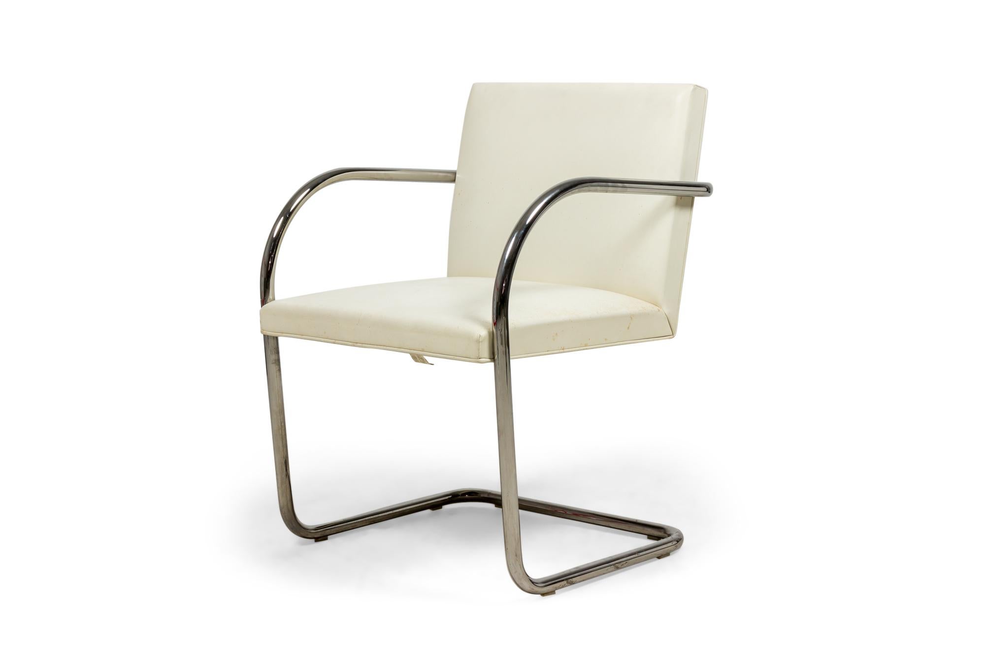 American Pair of Mies van der Rohe for Knoll 'Brno' White Leather and Chrome Tube Armchai For Sale