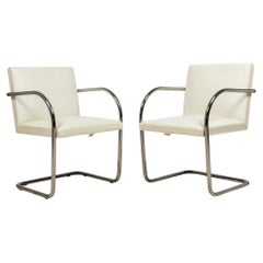 Pair of Mies van der Rohe for Knoll 'Brno' White Leather and Chrome Tube Armchai