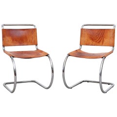 Pair of Mies Van Der Rohe Leather and Chrome Chairs for Thonet