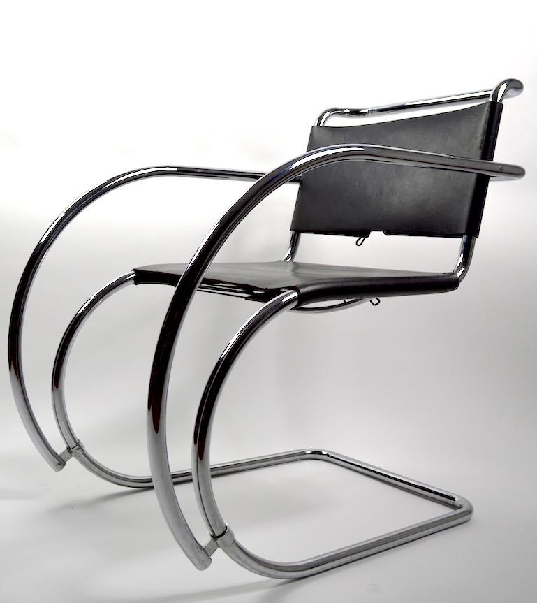 Iconic MR chairs, designed by Mies van der Rohe, production attributed to Stendig. These chairs are period 1960s-1970s and of the highest quality material and construction. Both are in fine, original condition, showing only light cosmetic wear,