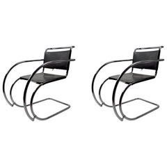 Pair of Mies van der Rohe MR Lounge Chairs Black Leather and Chrome