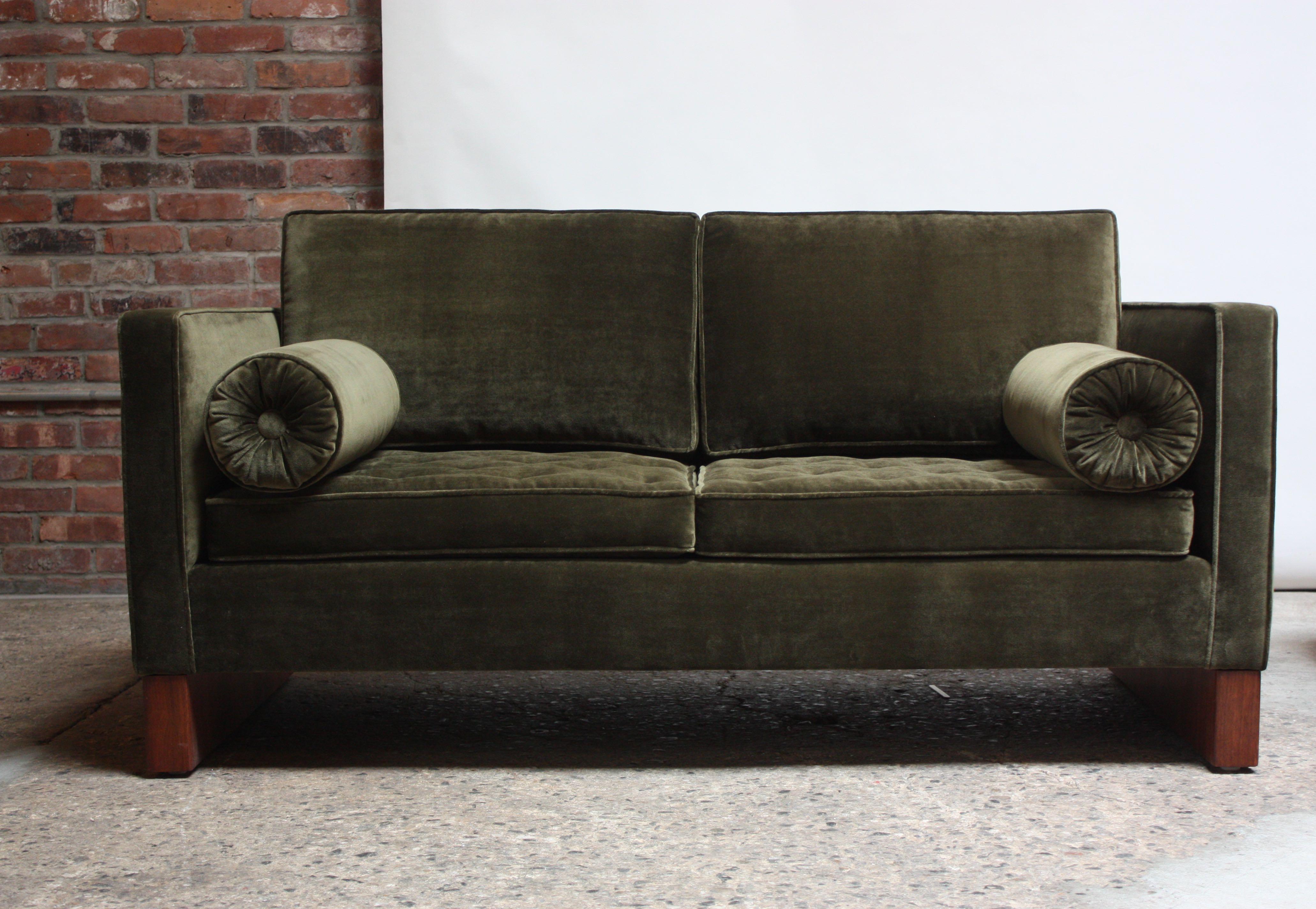 Pair of Mies van der Rohe Settees in Velvet and Teak 6