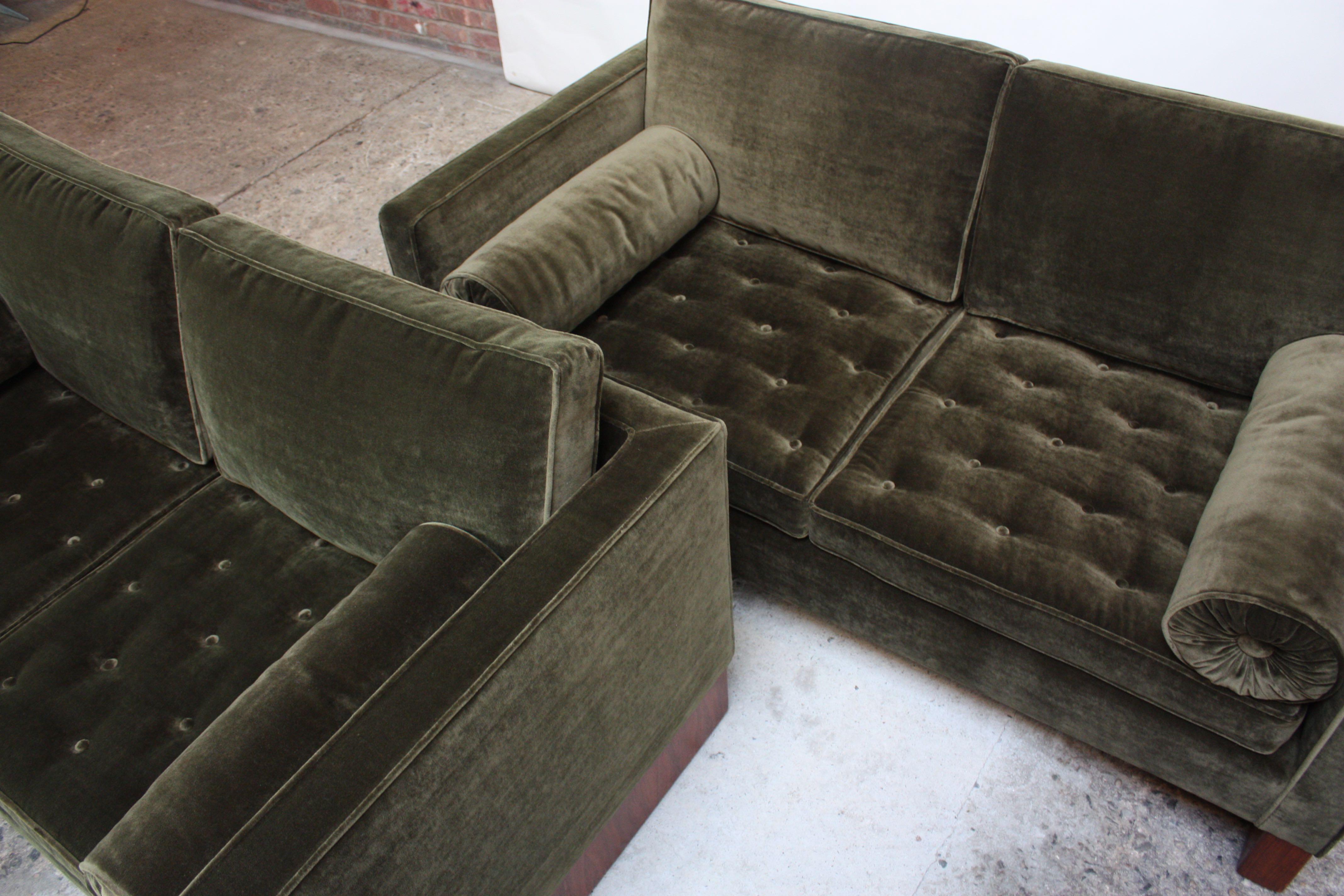 Pair of Mies van der Rohe Settees in Velvet and Teak 8