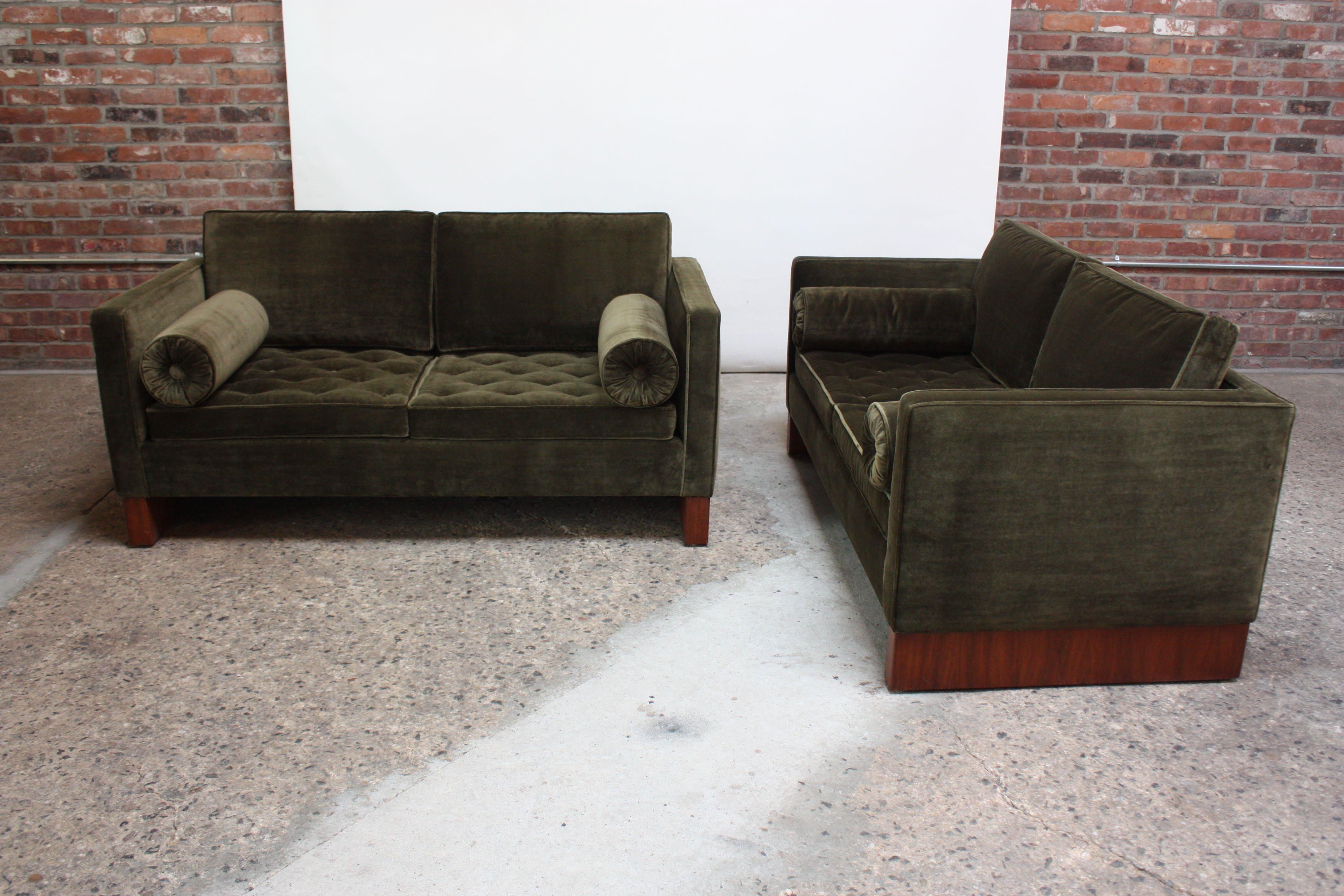 Pair of Mies van der Rohe Settees in Velvet and Teak 1