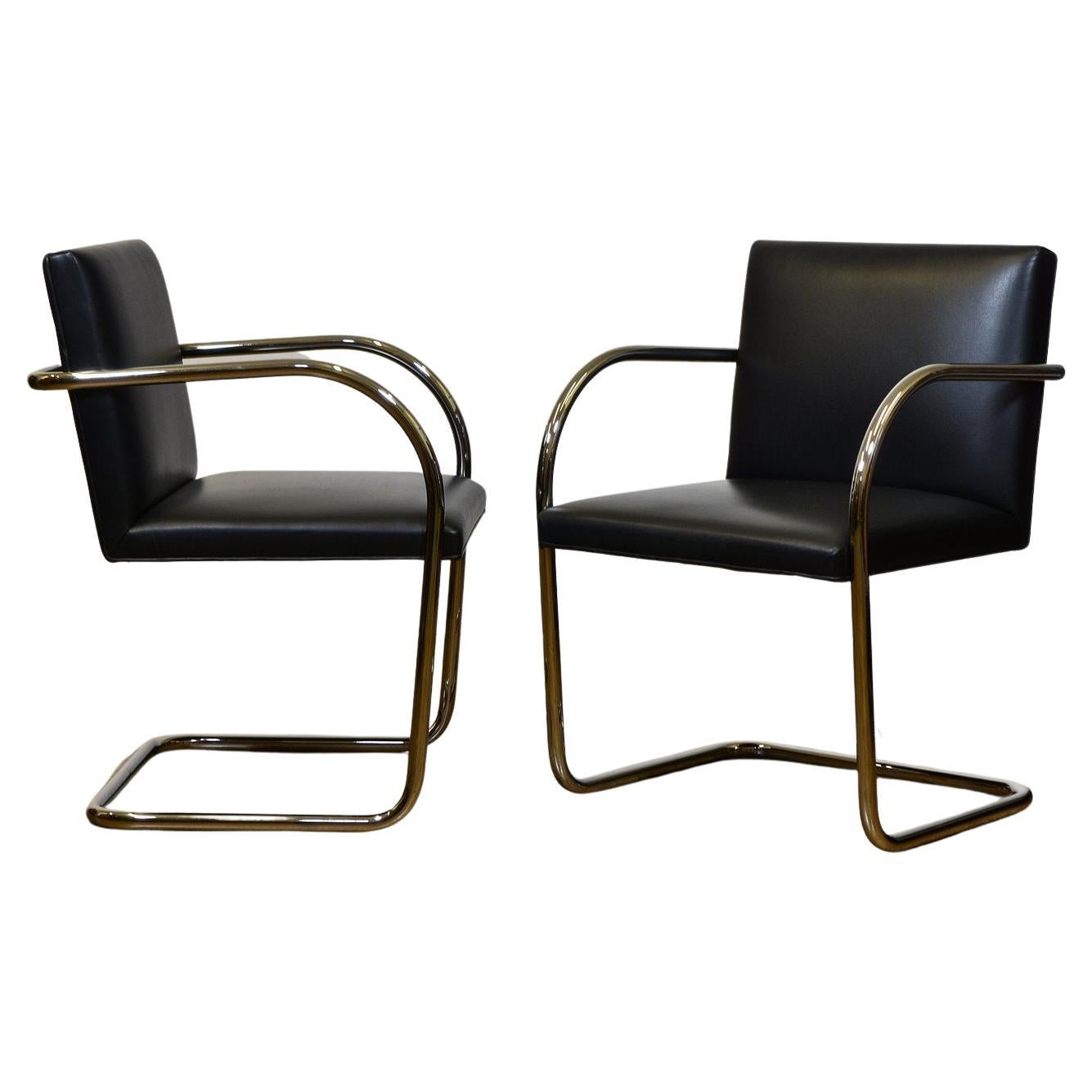 Pair of Mies Van Der Rohe Tubular Chrome Black Leather Brno Chairs by Knoll 1980