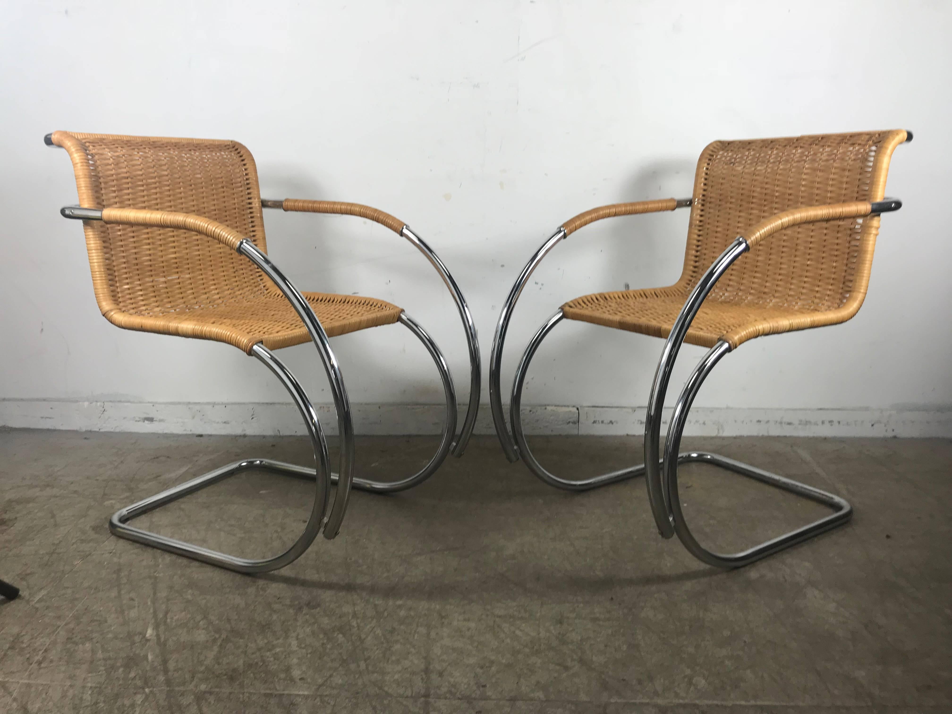20th Century Pair of Mies van der Rohe Wicker and Chrome MR20 Armchairs, Bauhaus