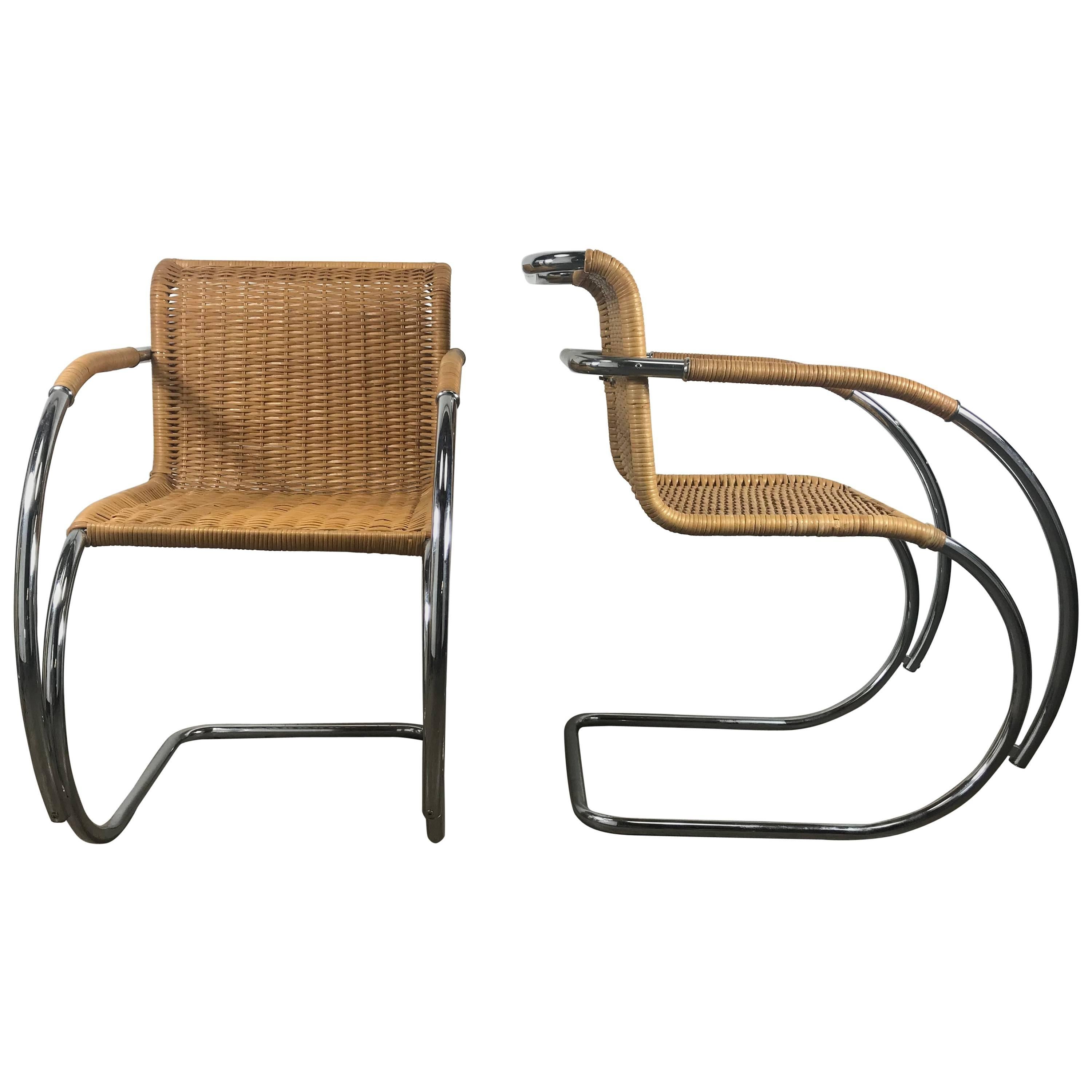 Pair of Mies van der Rohe Wicker and Chrome MR20 Armchairs, Bauhaus