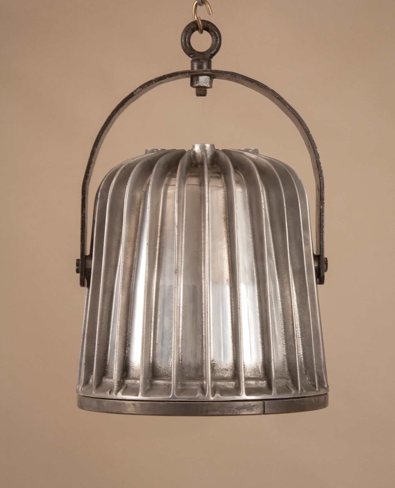 Pair of Industrial Aluminum Pendant Lights In Good Condition In Heath, MA