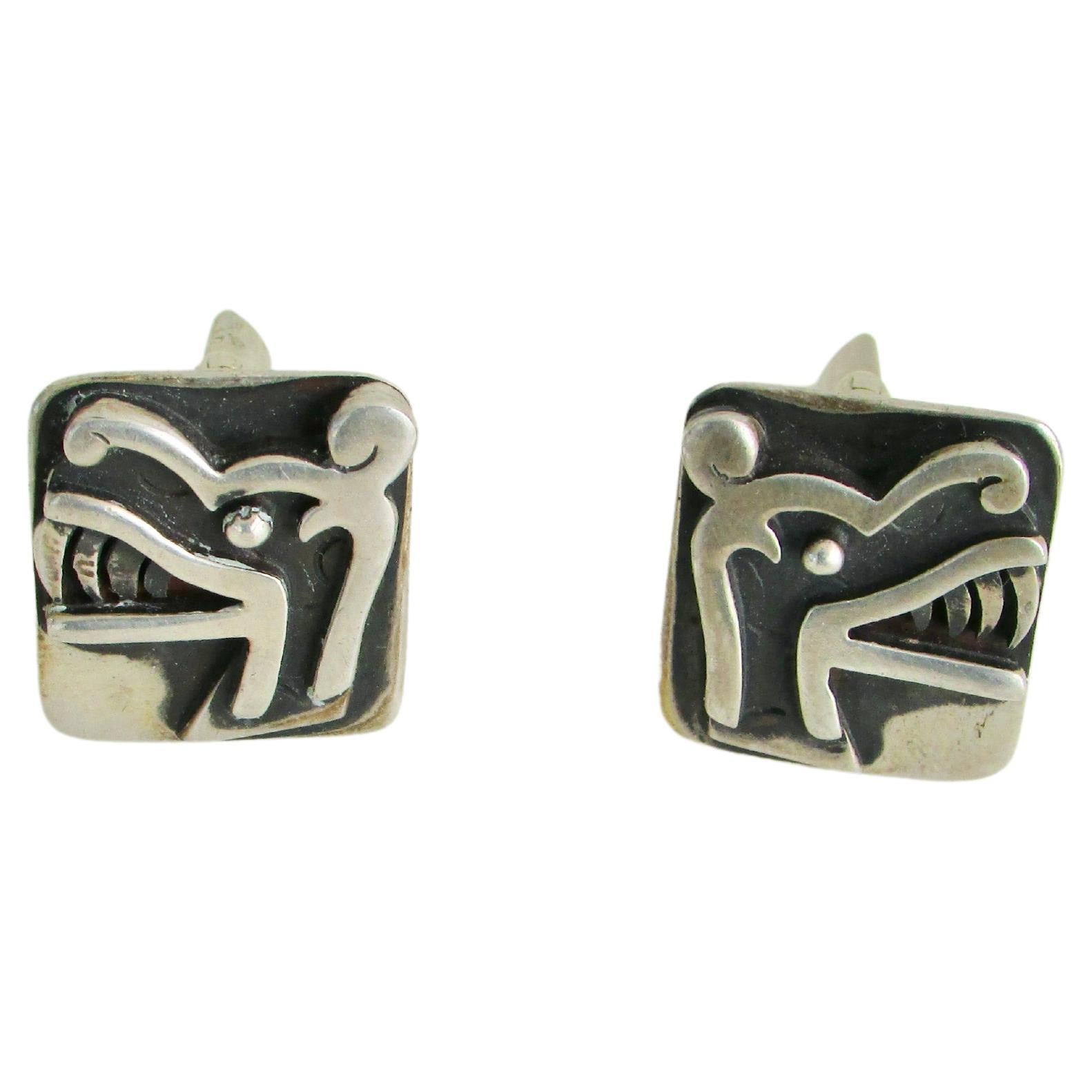 Paire de boutons de manchette en sterling Miguel Garcia Martinez Moderniste Taxco Mexico en vente