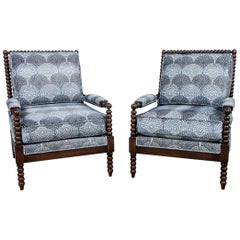 Vintage Pair of Miles Talbott Turned Bobbin Upholstered Club Chairs