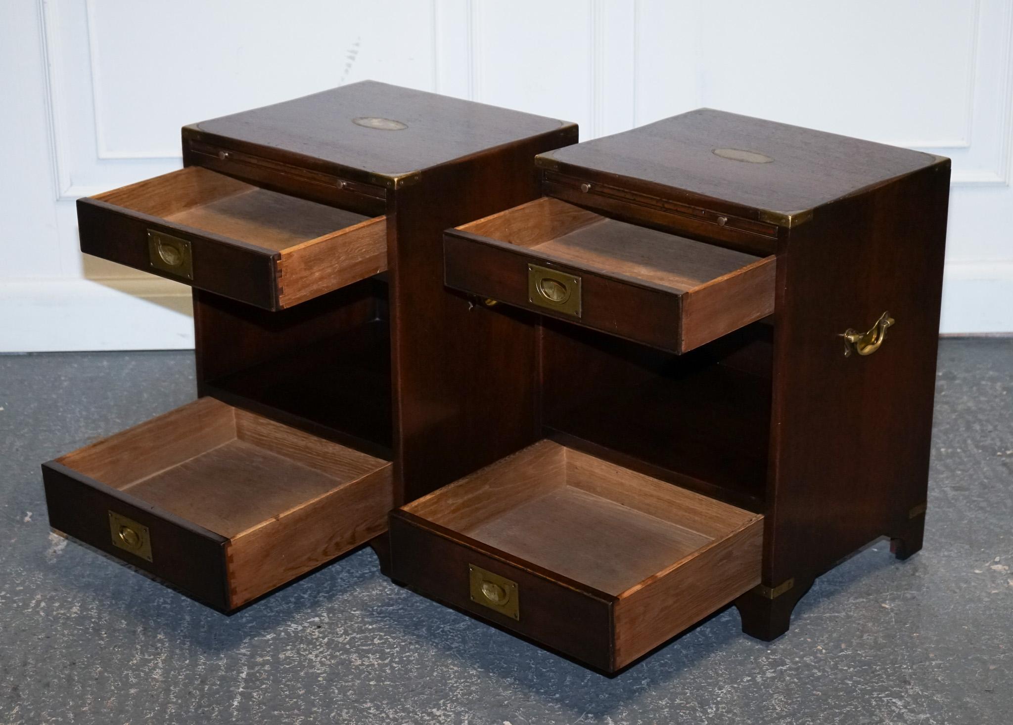 British PAIR OF MILITARY CAMPAIGN BEVAN FUNELL BEDSIDE TABLES NiGHTSTANDS TWO DRAWERS For Sale