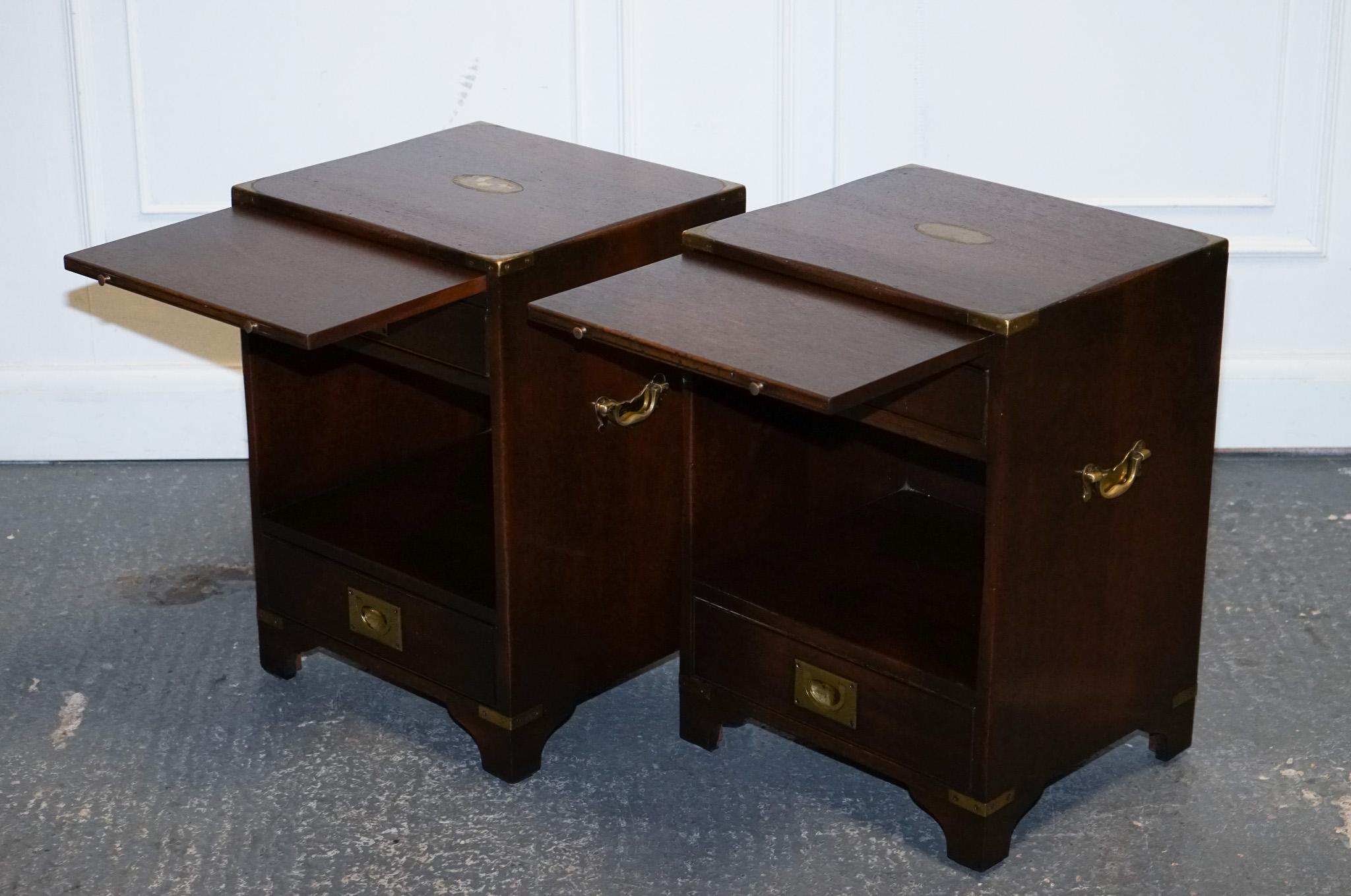 Hand-Crafted PAIR OF MILITARY CAMPAIGN BEVAN FUNELL BEDSIDE TABLES NiGHTSTANDS TWO DRAWERS For Sale