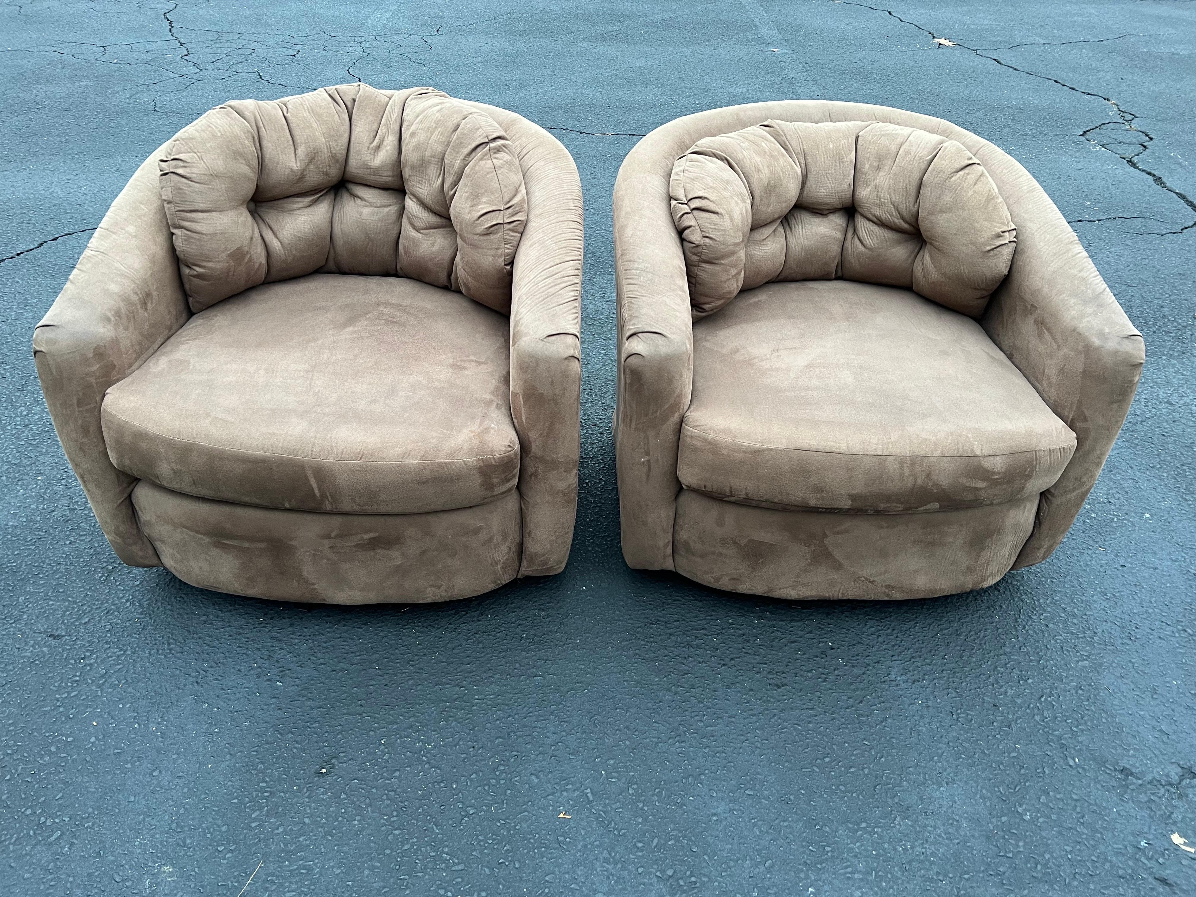 Pair of Mid Century swivel cube chairs. Funky 1970-1980's vibe. Groovy Ultrasuede fabric in a mushroom color. Or milk chocolate color. Cool organic modern boho chic design. Fabulous cube shape with a low profile 