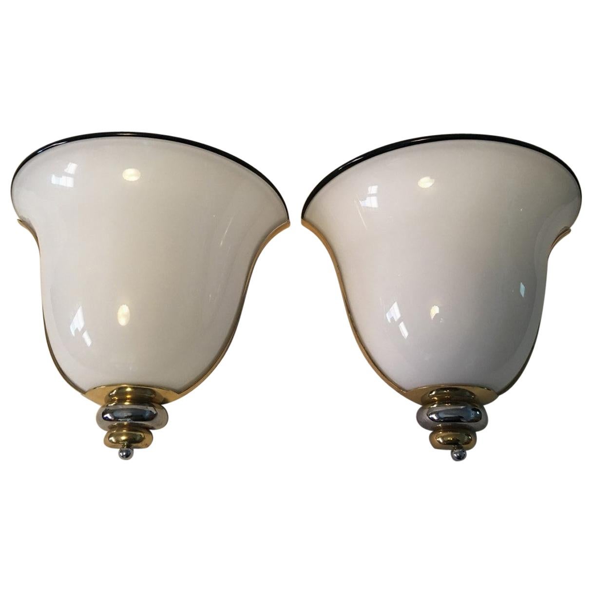 Pair of Milk Glass Brass and Chrome Wall Lights or Sconces by Prearo of Italy For Sale