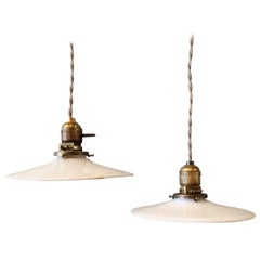 Pair of Milk Glass Disc Pendant Lights with Brass Fitters