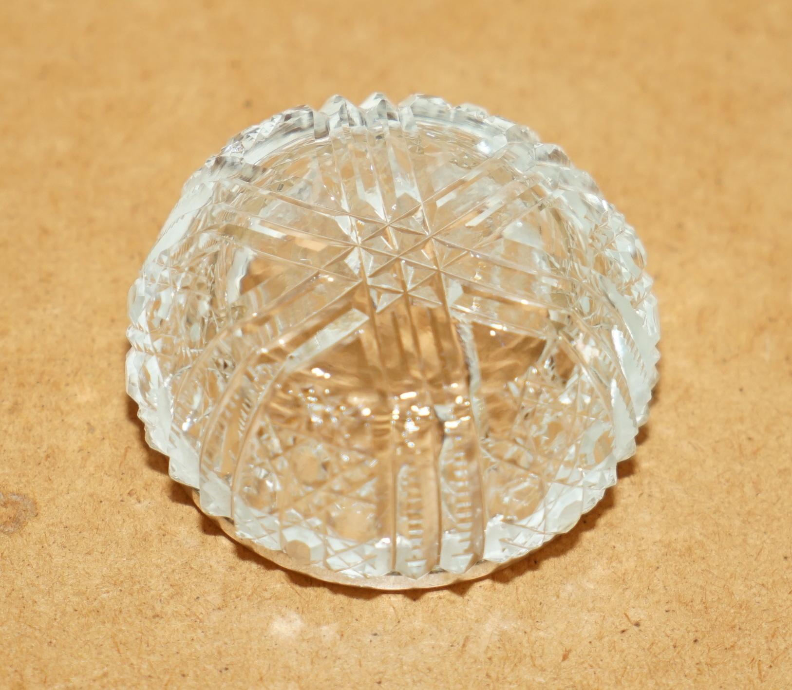 PAIR OF MILLER BROTHERS ANTIQUE CUT GLASS CRYSTAL TRINKET POT STERLING SiLVER For Sale 2