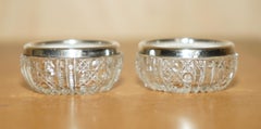 PAIR OF MILLER BROTHERS ANTIQUE CUT GLASS CRYSTAL TRINKET pot STERLING
