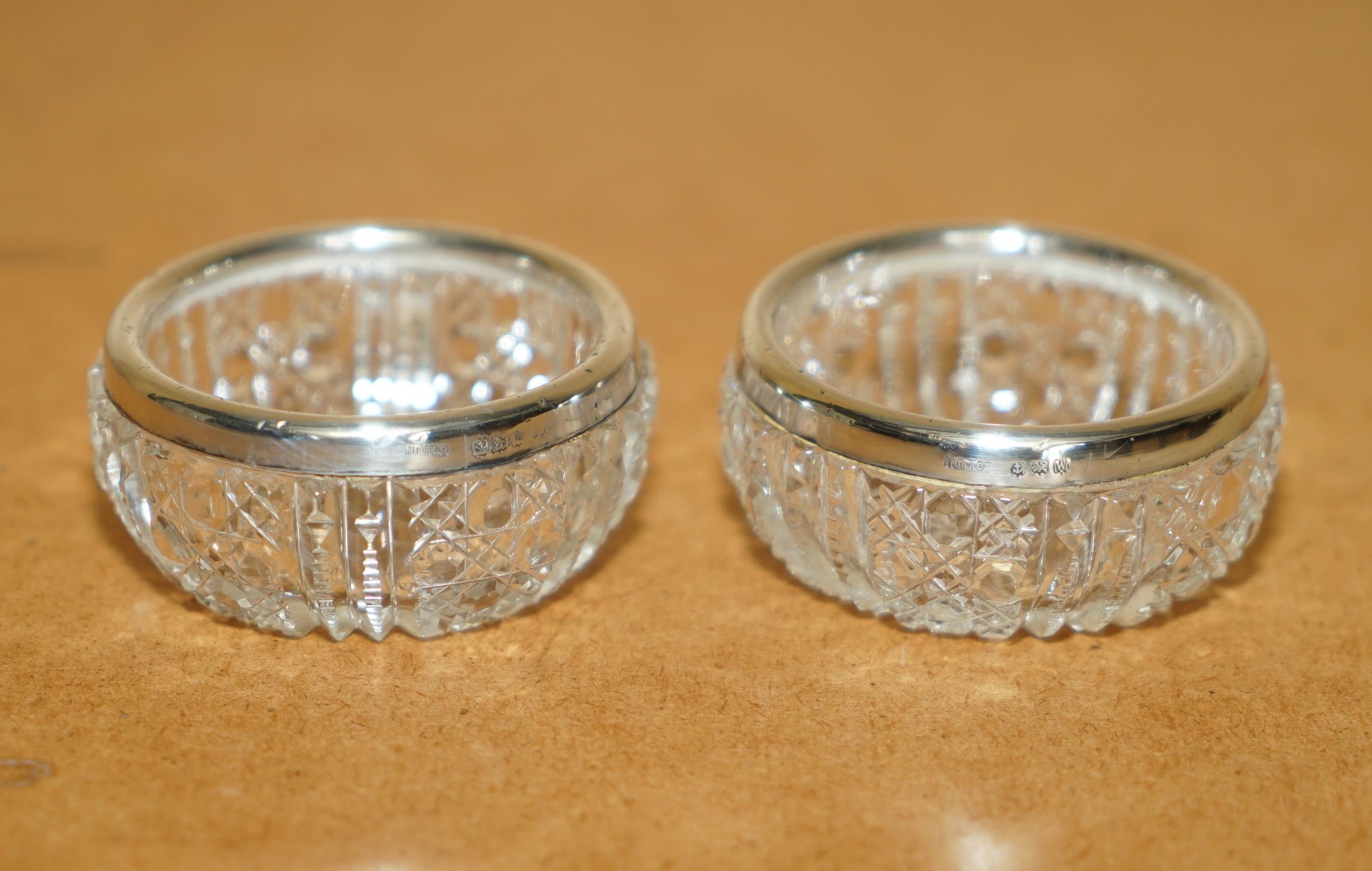 Art Deco PAIR OF MILLER BROTHERS ANTIQUE CUT GLASS CRYSTAL TRINKET POT STERLING SiLVER For Sale