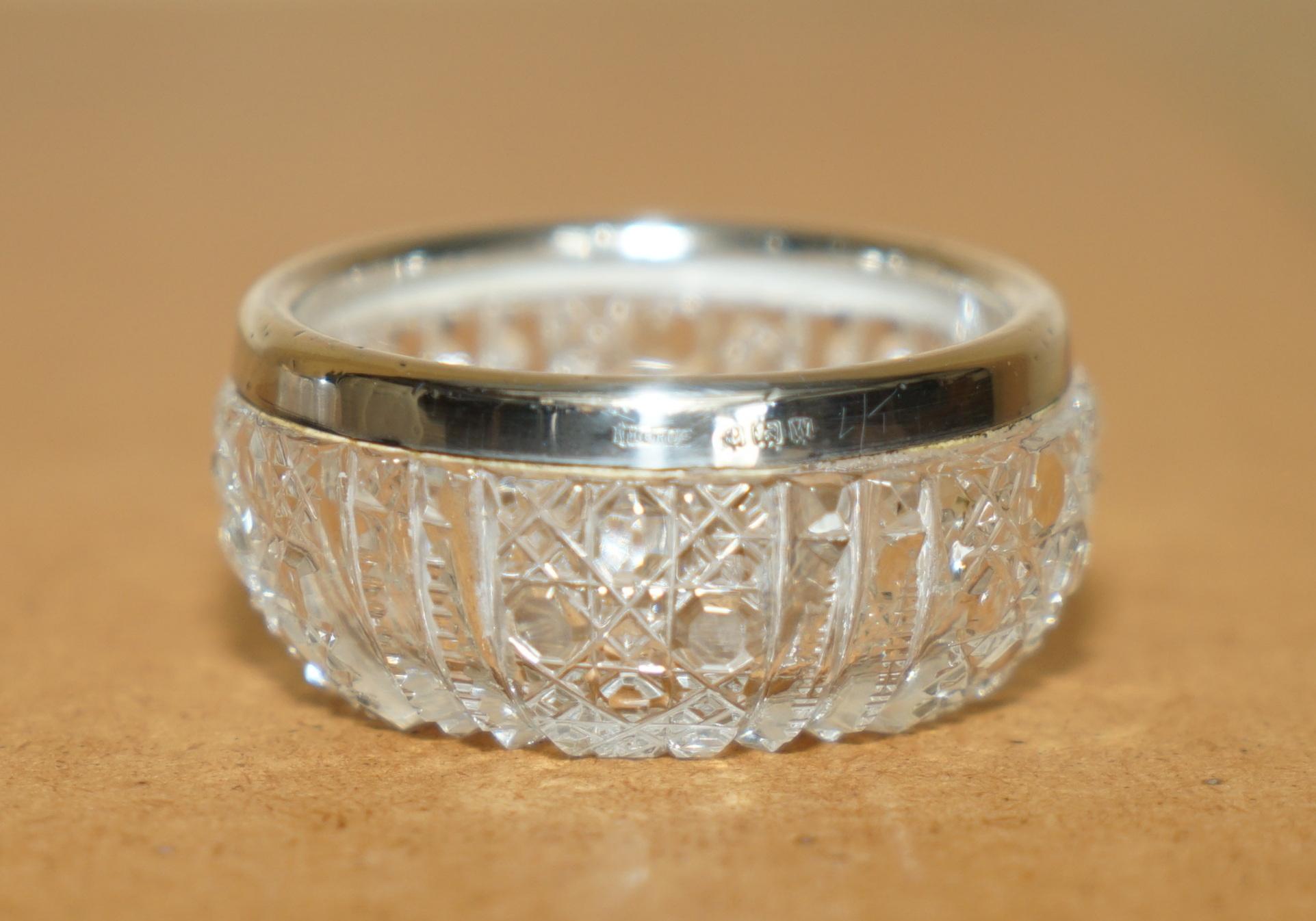 English PAIR OF MILLER BROTHERS ANTIQUE CUT GLASS CRYSTAL TRINKET POT STERLING SiLVER For Sale