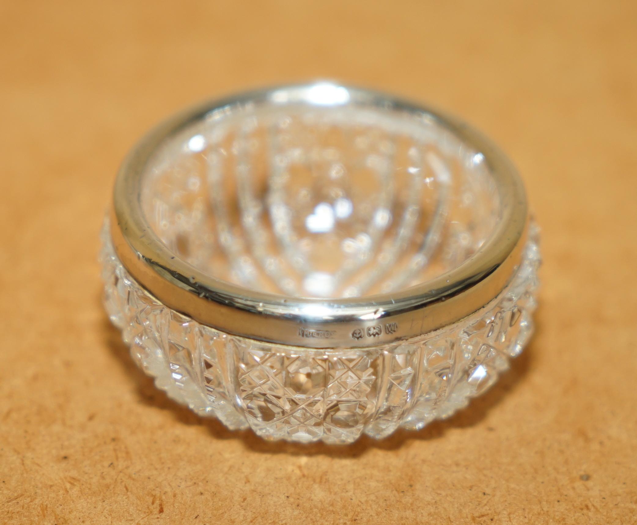 Hand-Crafted PAIR OF MILLER BROTHERS ANTIQUE CUT GLASS CRYSTAL TRINKET POT STERLING SiLVER For Sale
