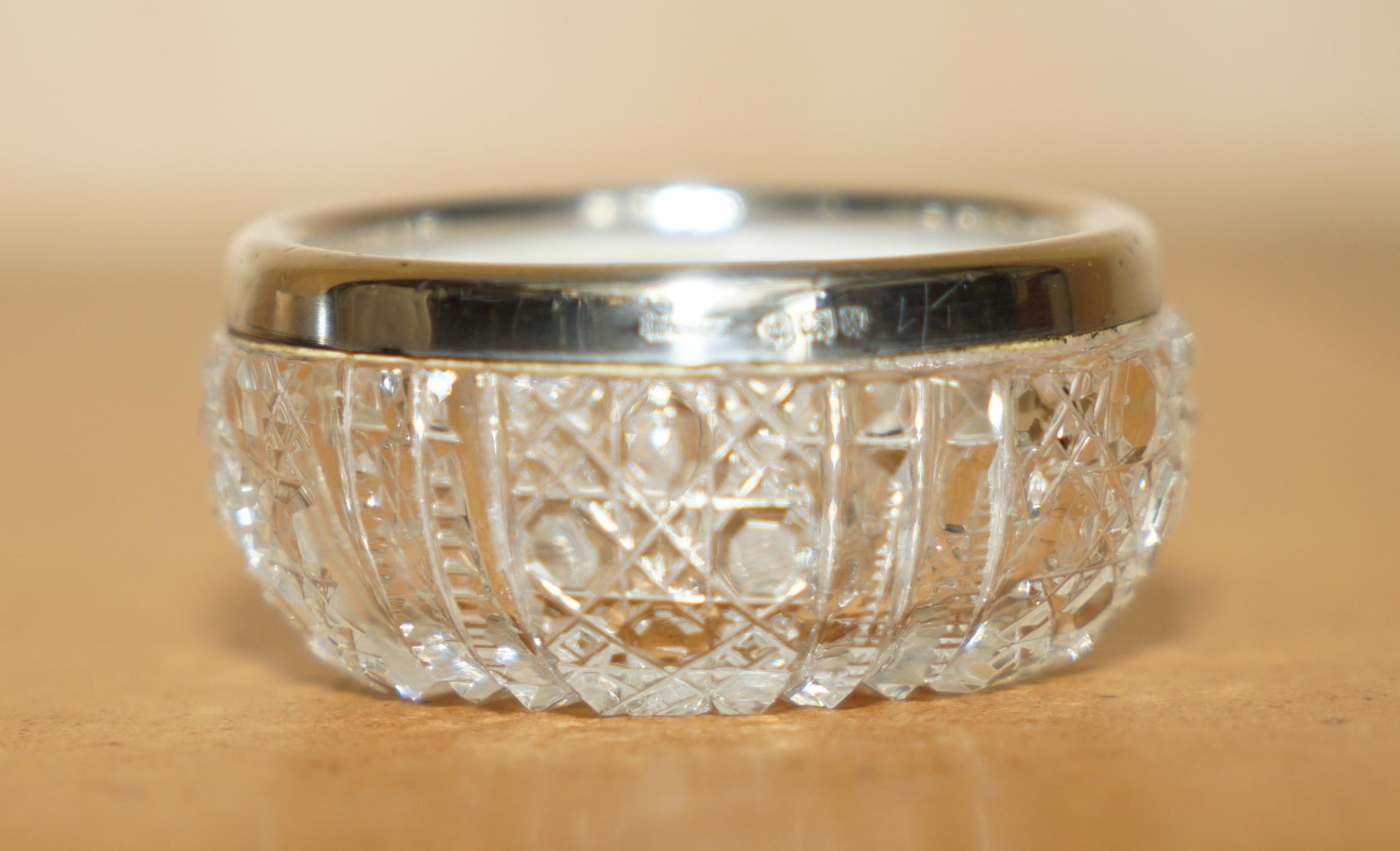 PAIR OF MILLER BROTHERS ANTIQUE CUT GLASS CRYSTAL TRINKET POT STERLING SiLVER In Good Condition For Sale In West Sussex, Pulborough