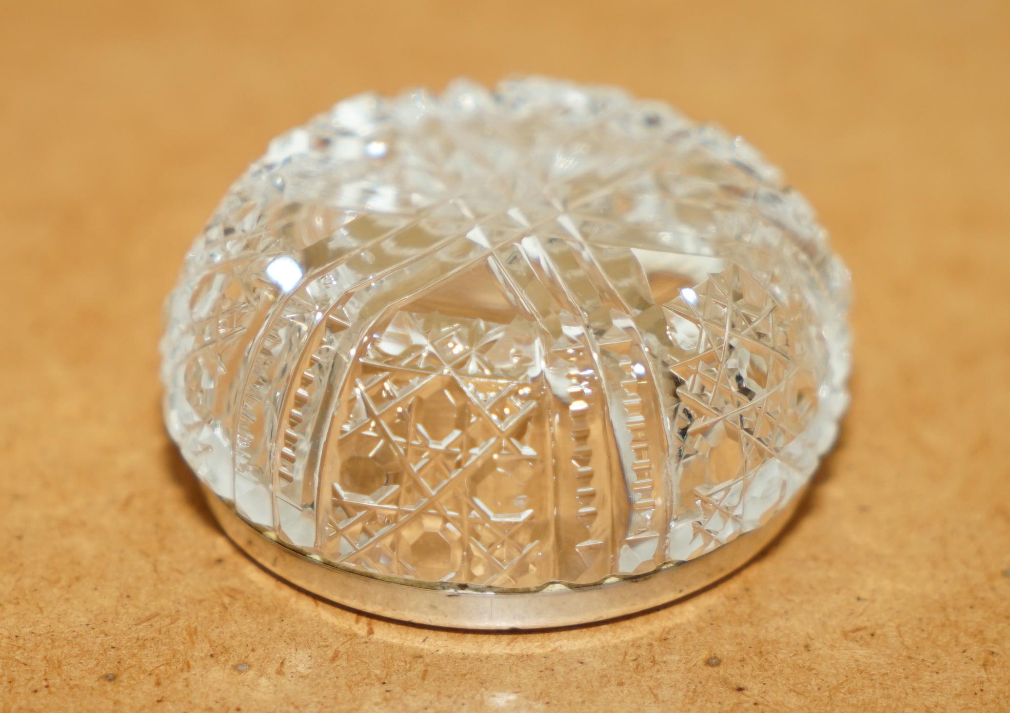 Early 20th Century PAIR OF MILLER BROTHERS ANTIQUE CUT GLASS CRYSTAL TRINKET POT STERLING SiLVER For Sale
