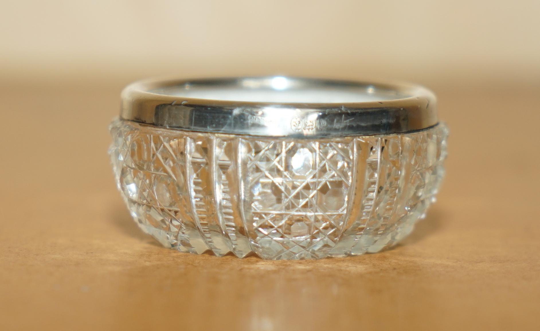 Sterling Silver PAIR OF MILLER BROTHERS ANTIQUE CUT GLASS CRYSTAL TRINKET POT STERLING SiLVER For Sale
