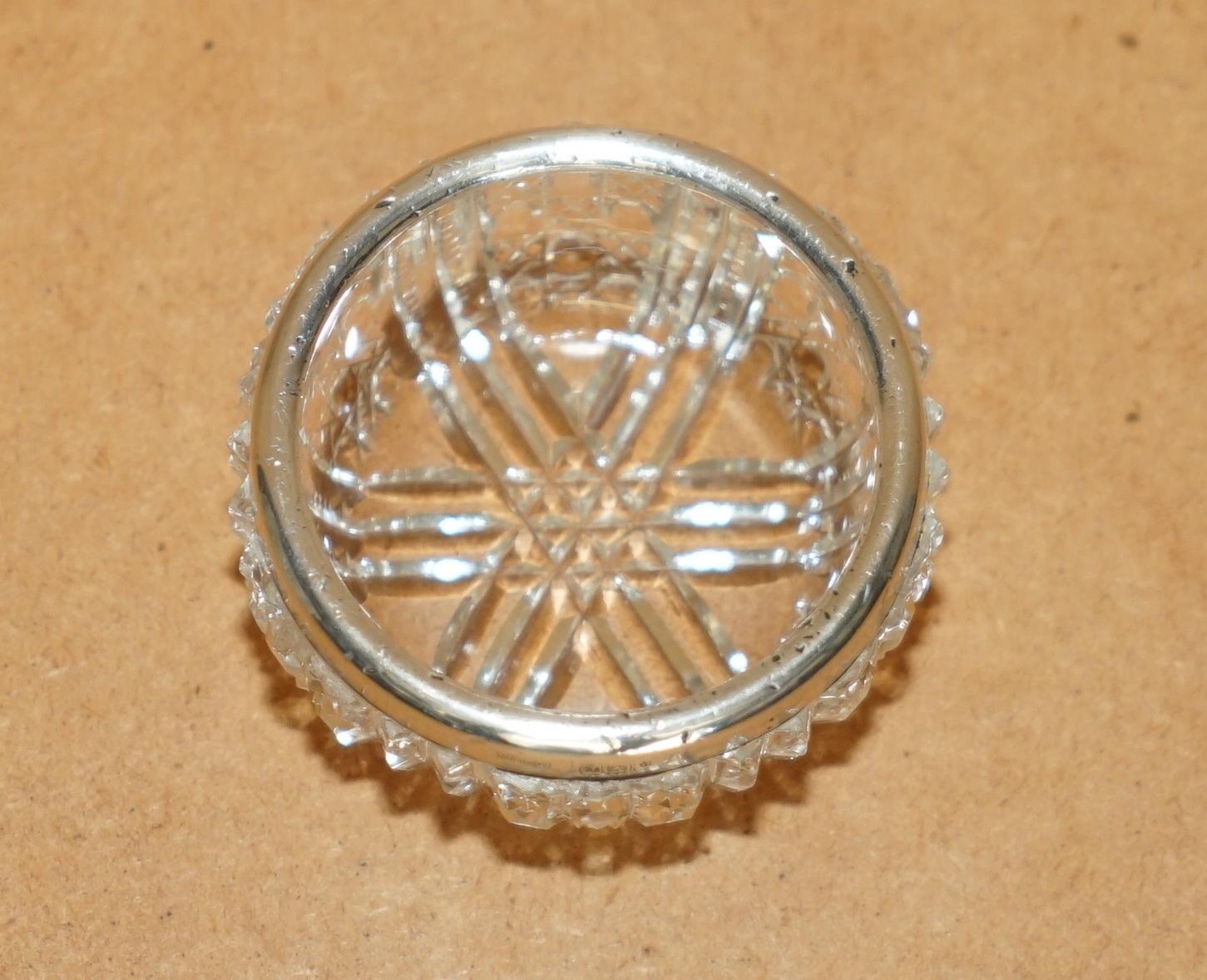 PAIR OF MILLER BROTHERS ANTIQUE CUT GLASS CRYSTAL TRINKET POT STERLING SiLVER For Sale 1