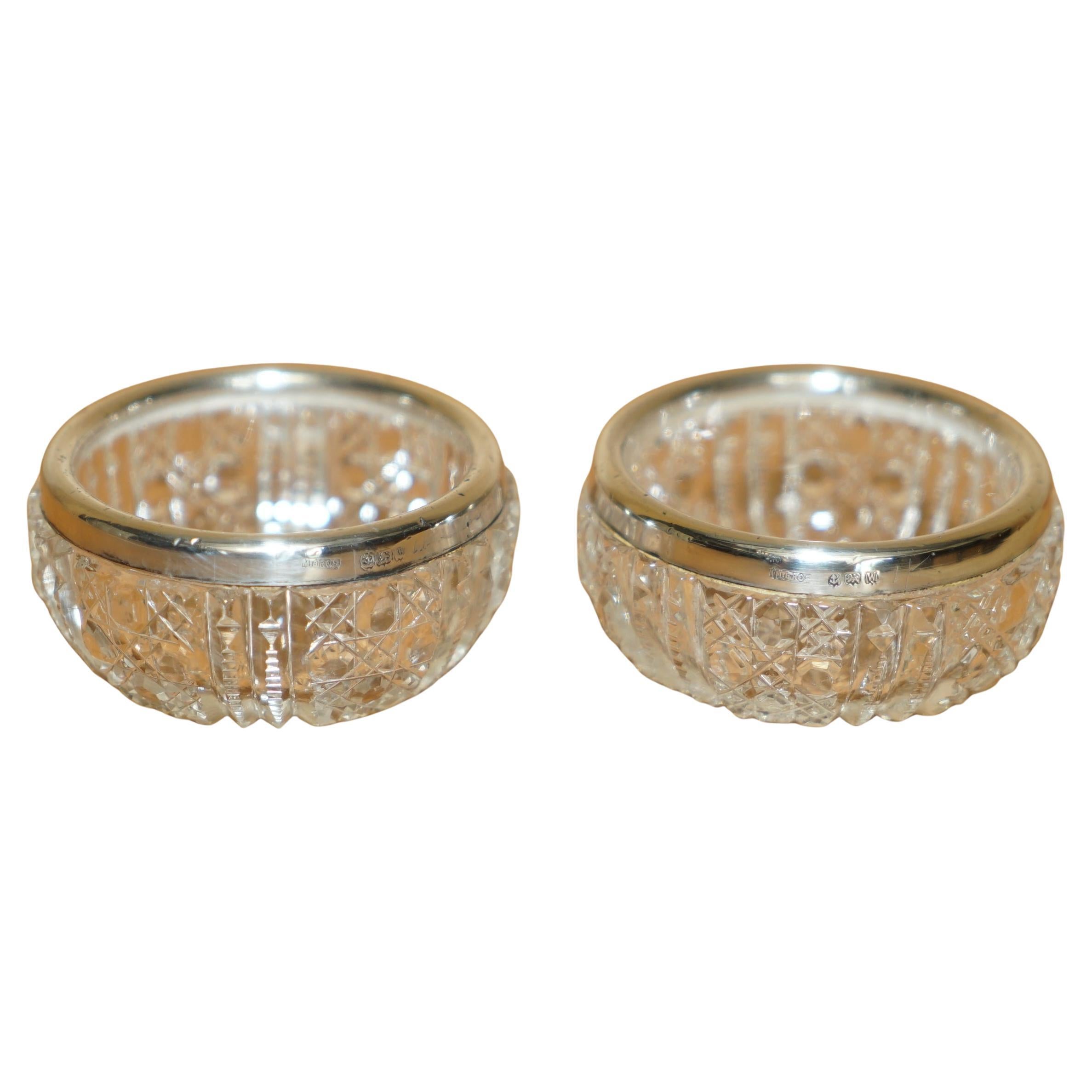 PAIR OF MILLER BROTHERS ANTIQUE CUT GLASS CRYSTAL TRINKET POT STERLING SiLVER